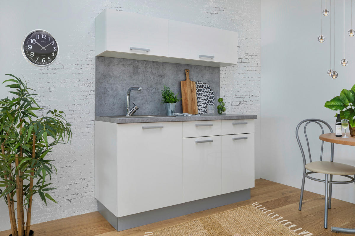 MINIKÜCHE 150 cm   in Weiß, Weiß Hochglanz  - Weiß Hochglanz/Alufarben, Basics, Holzwerkstoff/Kunststoff (150cm)