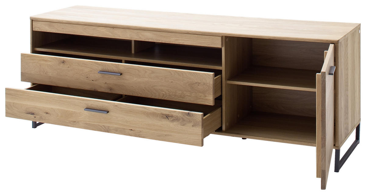 MEDIABÄNK i faner, massiv kvistek ekfärgad  - svart/ekfärgad, Design, metall/trämaterial (184/67/50cm) - Livetastic
