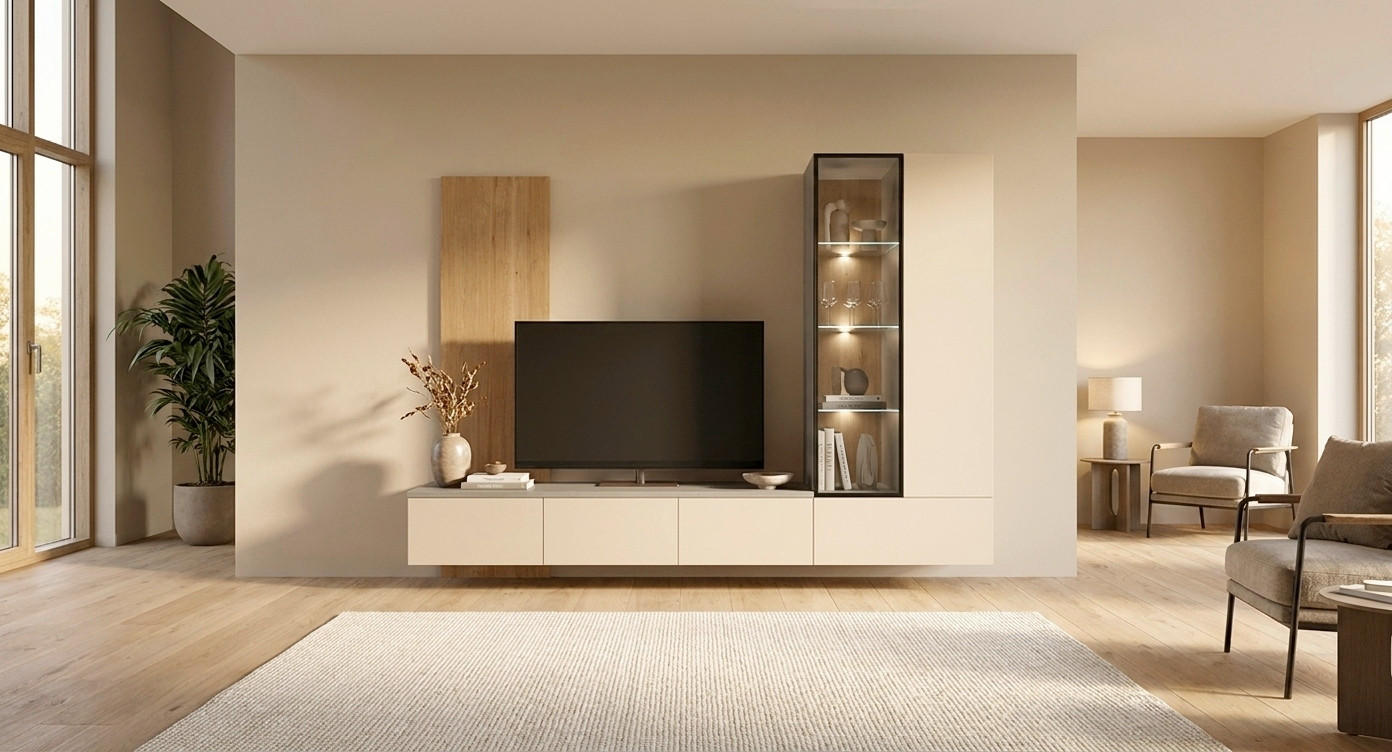 WOHNWAND 260/198,7/50 cm  in Taupe, Eichefarben, Champagner  260/198,7/50 cm  LED-Leuchtmittel   - Taupe/Champagner, KONVENTIONELL, Glas/Holzwerkstoff (260/198,7/50cm)
