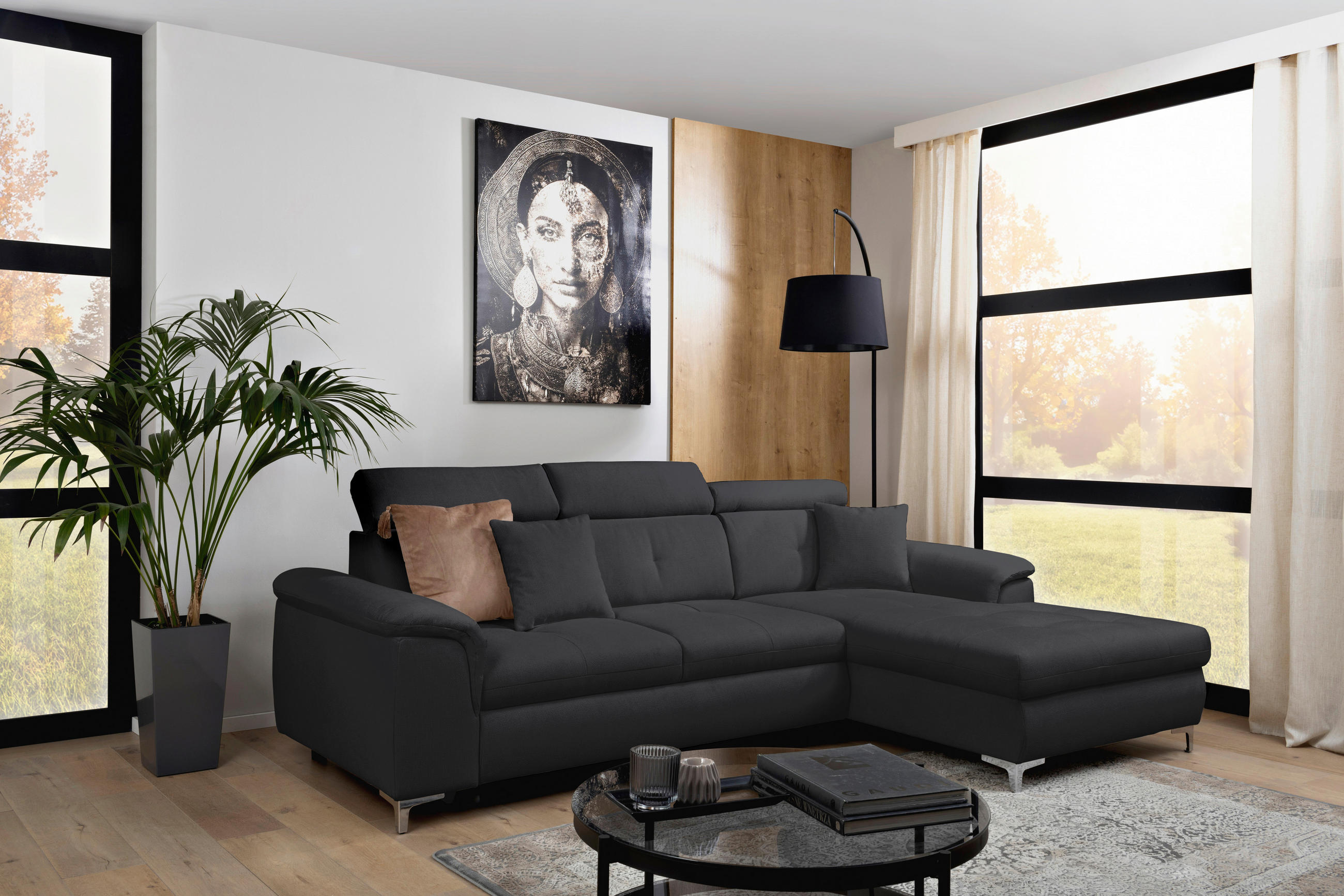 ECKSOFA in Flachgewebe Dunkelgrau  - Chromfarben/Dunkelgrau, Konventionell, Textil/Metall (268/175cm) - Carryhome