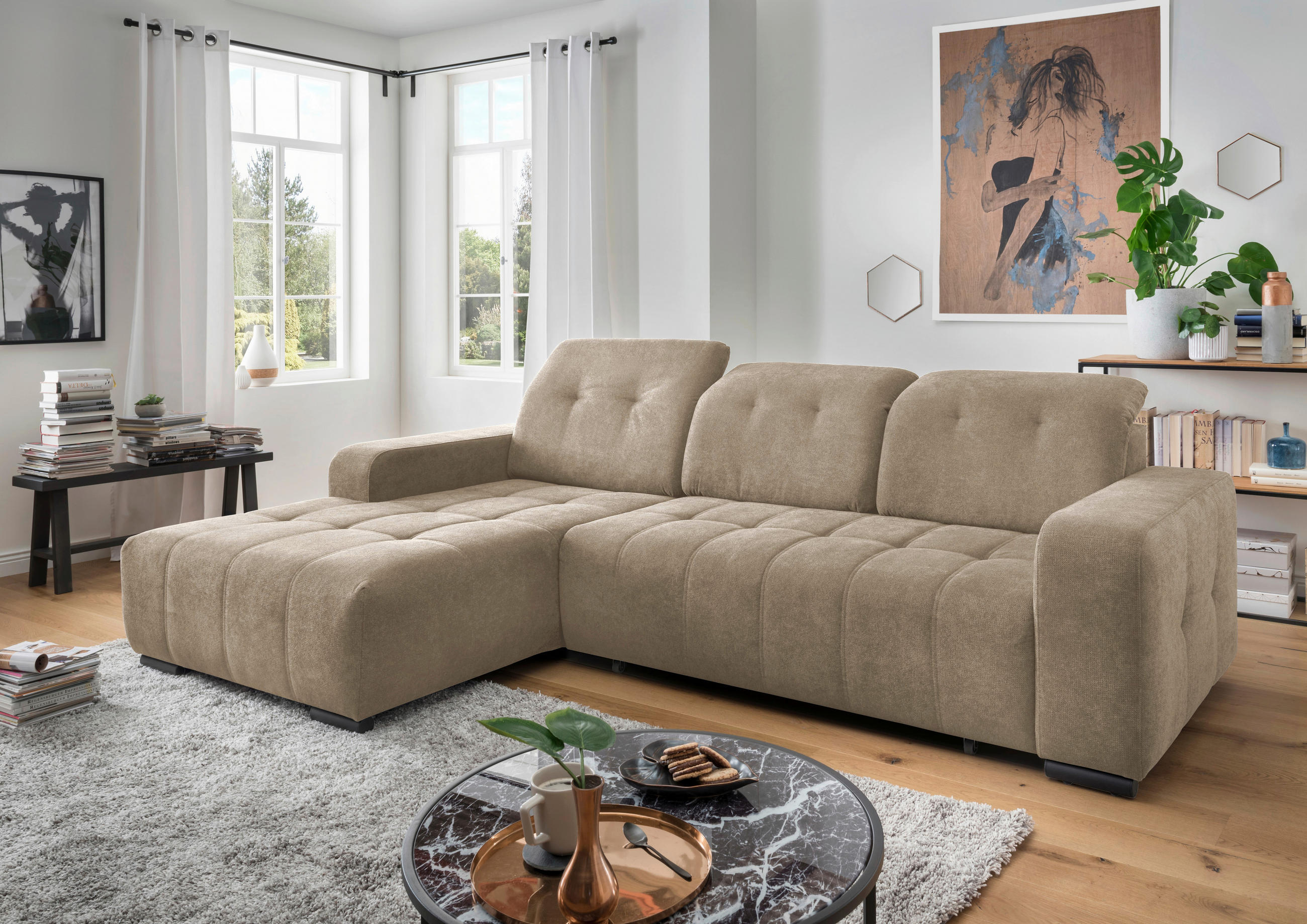 ECKSOFA Vicari in Chenille Hellbraun  292/185 cm  - Hellbraun/Schwarz, MODERN, Textil/Metall (292/185cm) - Livetastic