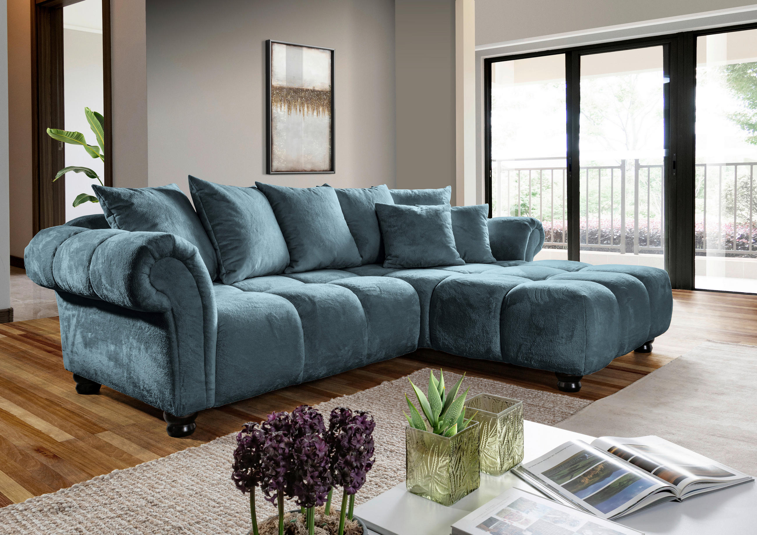 ECKSOFA Petrol Plüsch  - Dunkelbraun/Petrol, KONVENTIONELL, Holz/Textil (288/190cm) - Carryhome