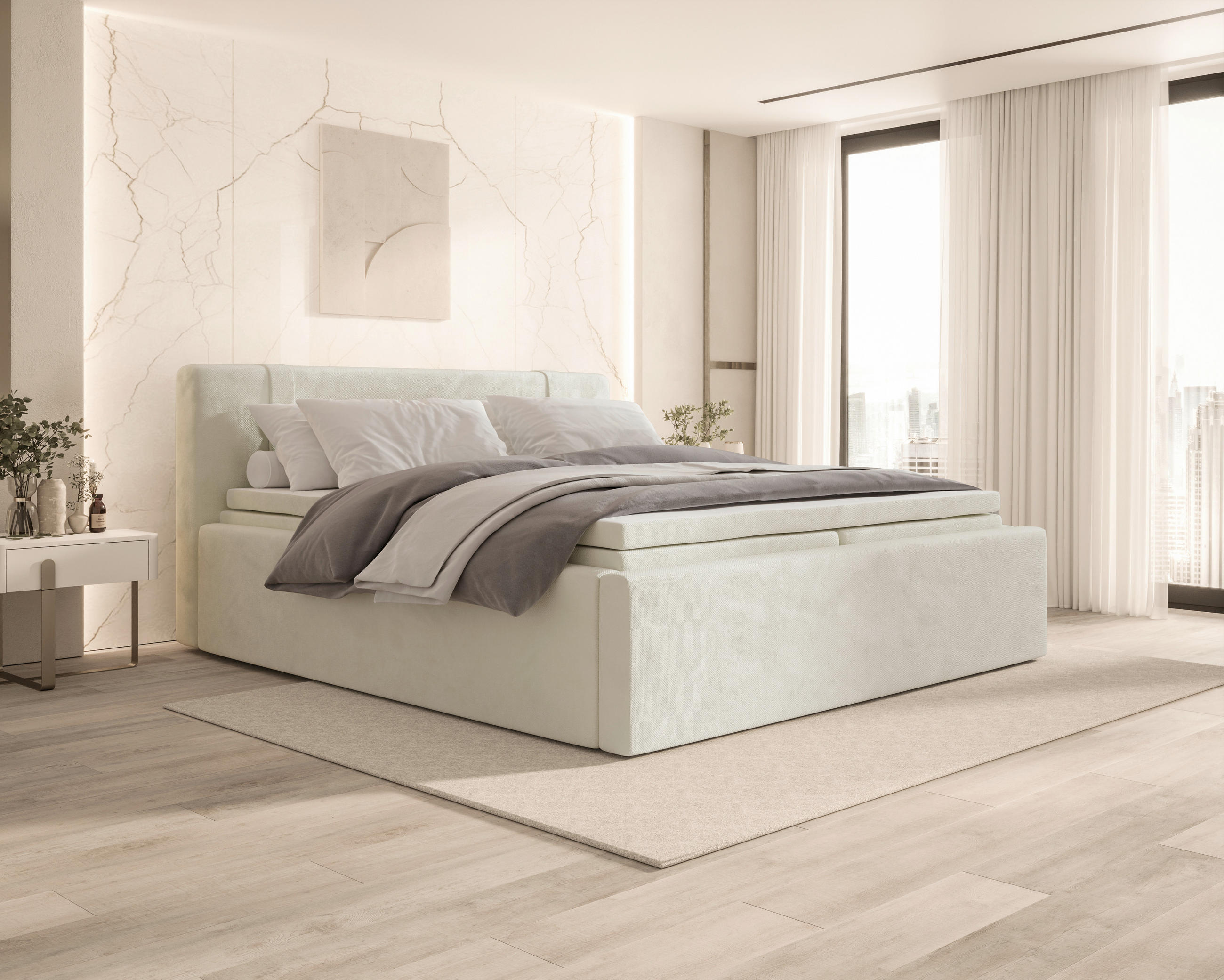 BOXBETT 180/200 cm,  in Beige, Bettkasten, Topper, H2 = mittel  - Beige, MODERN, Textil (180/200cm) - MID.YOU
