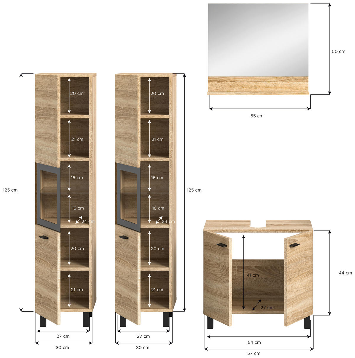 BADEZIMMER 4-teilig  in 117 cm  - Schwarz/Sonoma Eiche, MODERN, Glas/Holzwerkstoff (117cm) - MID.YOU