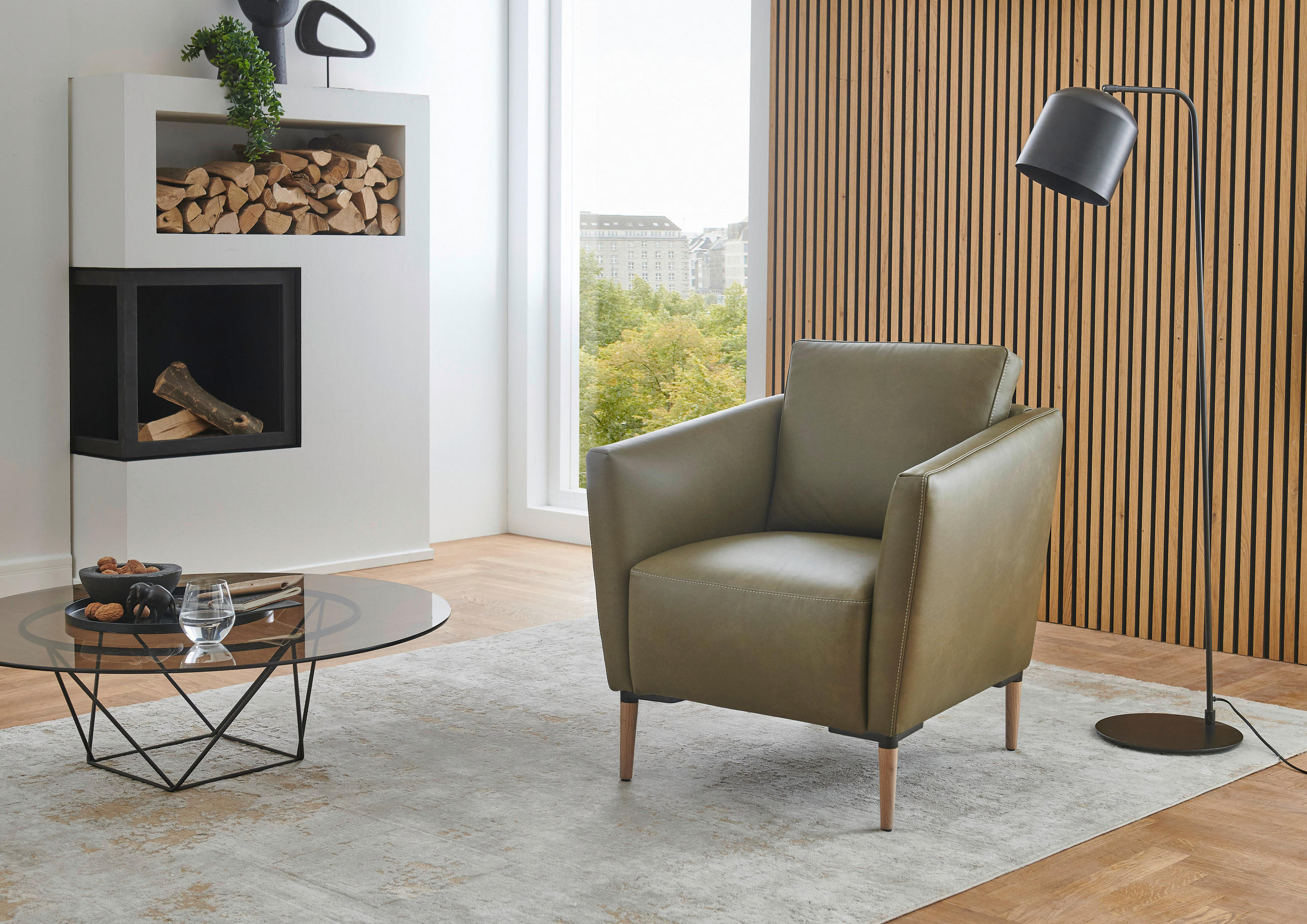 SESSEL in Echtleder Olivgrün  - Eichefarben/Beige, Natur, Leder/Holz (75/84/76cm) - Valnatura