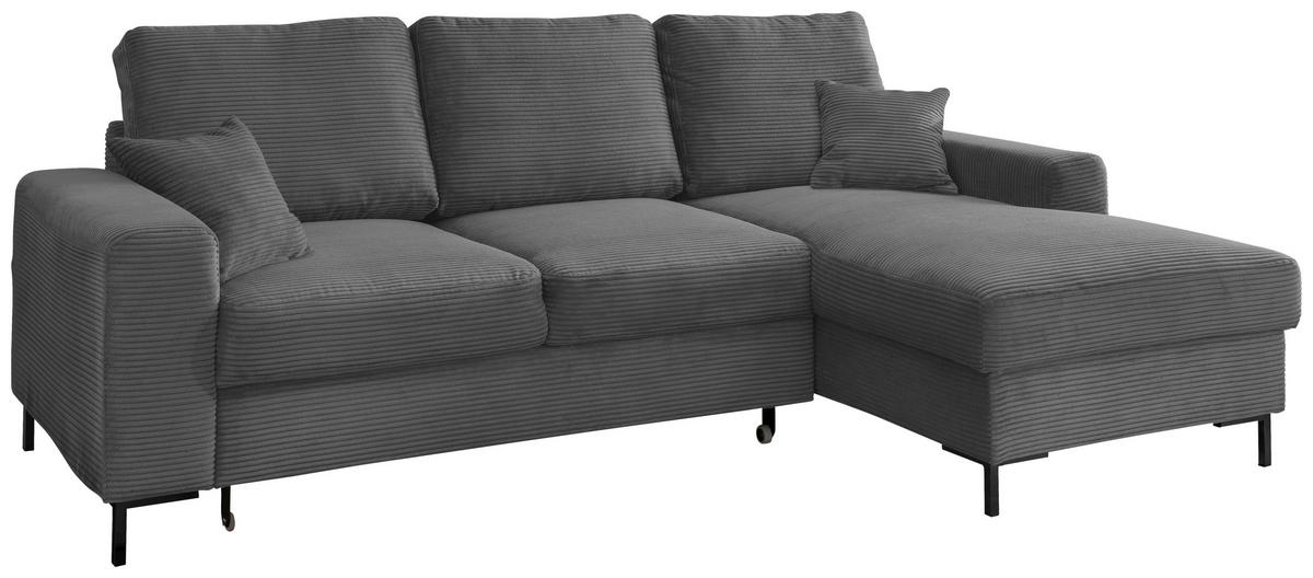 ECKSCHLAFSOFA  mit Liegefunktion, Rücken echt Cord Grau  - Schwarz/Grau, KONVENTIONELL, Textil/Metall (237/143cm) - Livetastic