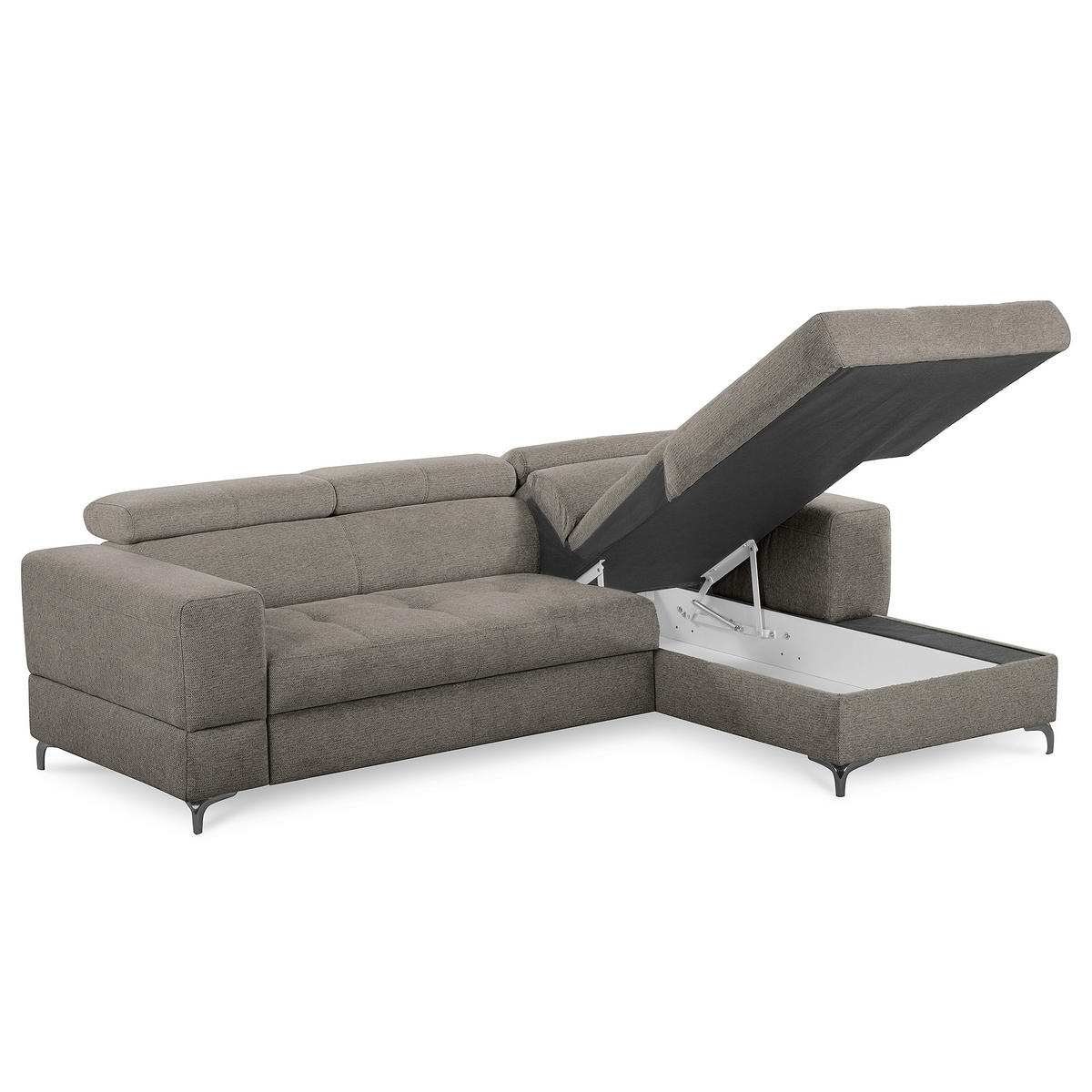 ECKSOFA TORINO Graphitfarben Chenille Bettkasten, Kopfteilverstellung  - Schwarzchrom/Graphitfarben, Design, Textil/Metall (247/173cm) - Livetastic