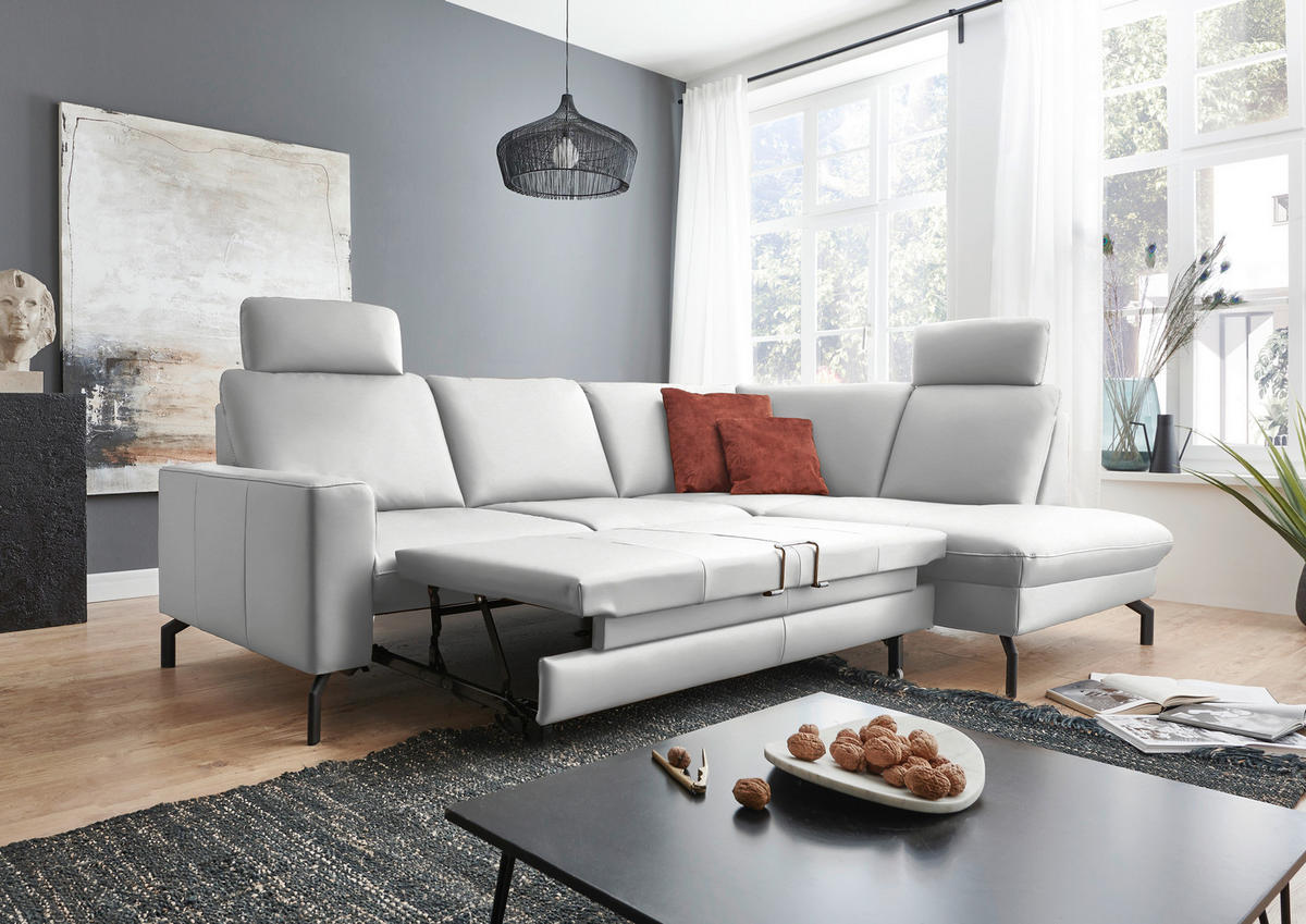 ECKSOFA Echtleder Weiss  - Weiss/Schwarz, Design, Leder/Metall (250/194cm) - Beldomo Premium