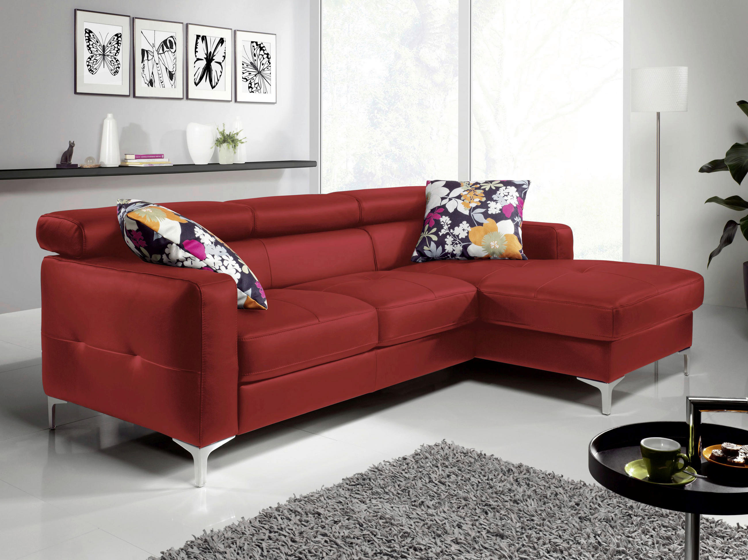 ECKSOFA in Echtleder Rot - Chromfarben/Rot, Design, Leder/Metall (227/168cm) - Livetastic