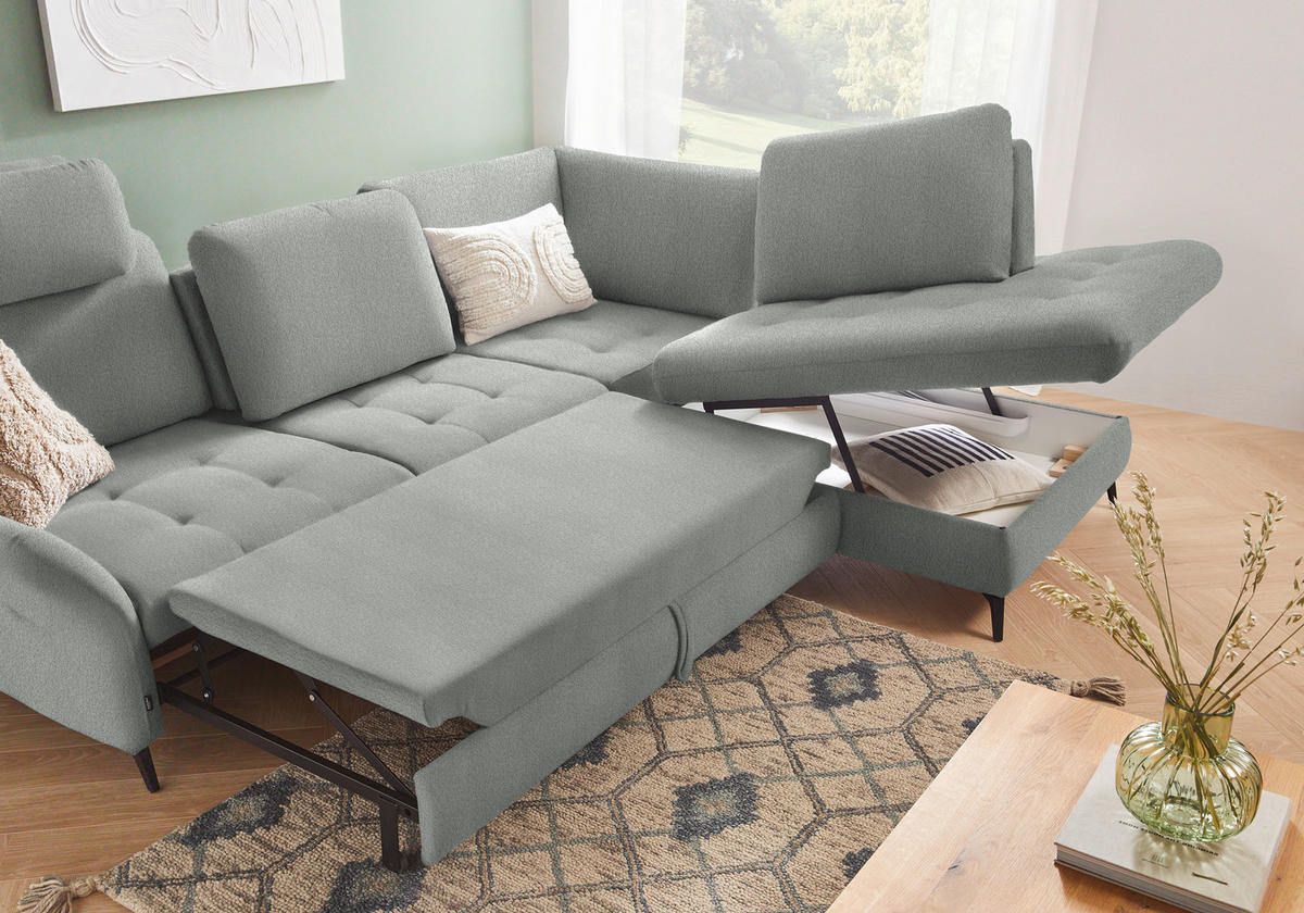 ECKSOFA in Struktur Hellgrau  - Hellgrau/Schwarz, Natur, Textil/Metall (288/233cm) - Valnatura