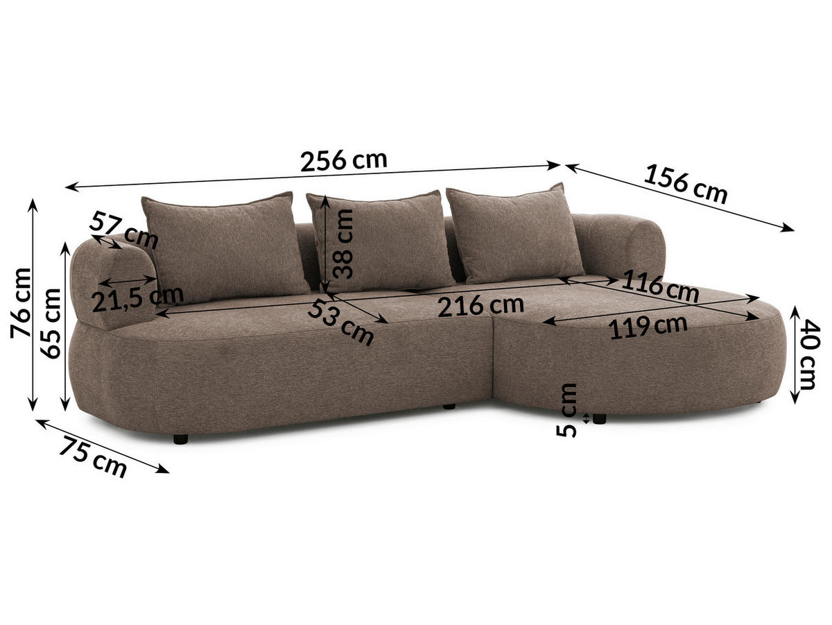 ECKSOFA in Chenille Braun  256/156 cm  - Schwarz/Braun, Design, Kunststoff/Textil (256/156cm) - Livetastic