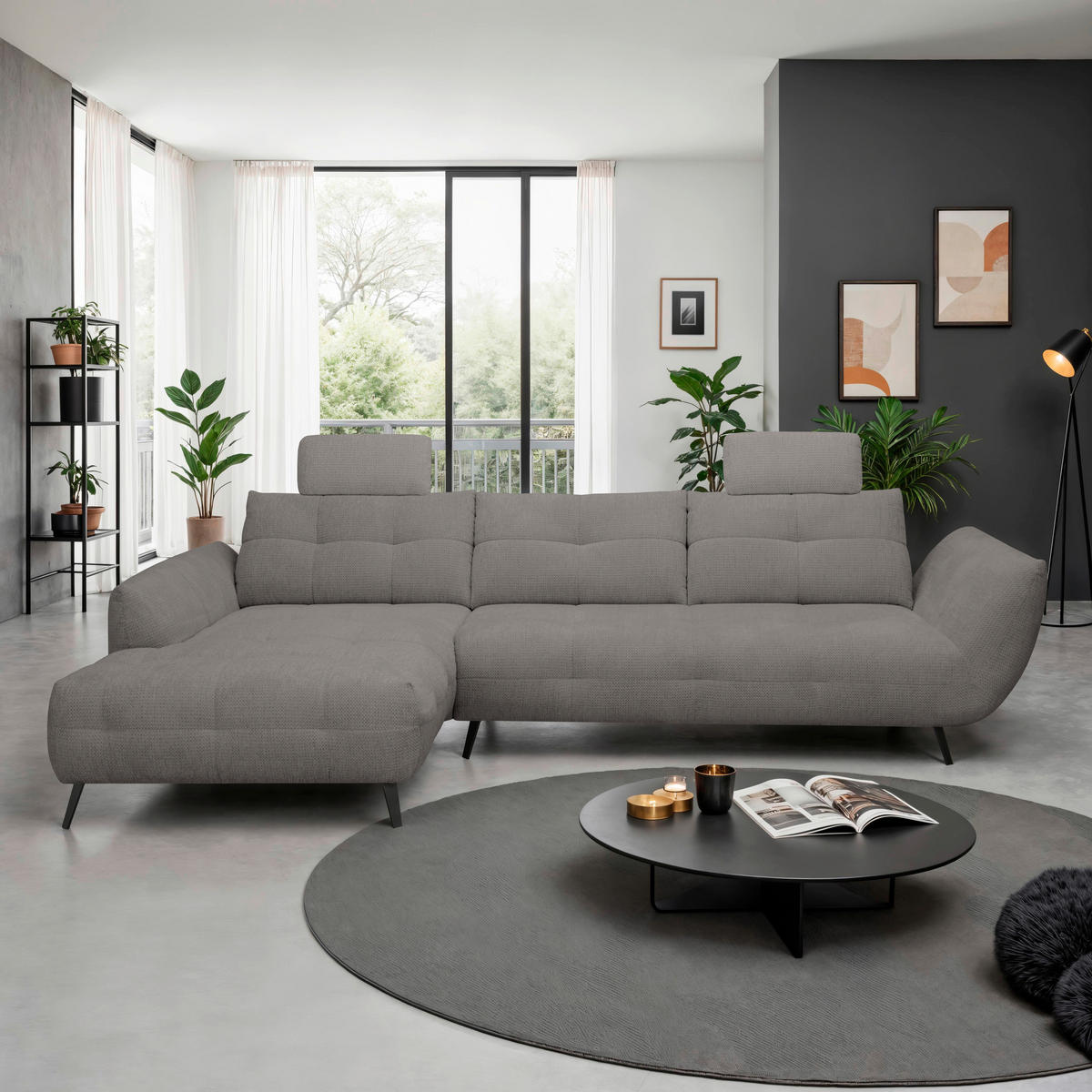 ECKSOFA Graubraun Chenille Armlehnenkissen, Rücken echt, Sitztiefenverstellung  - Graubraun/Schwarz, KONVENTIONELL, Textil/Metall (215/313cm) - Hom`in