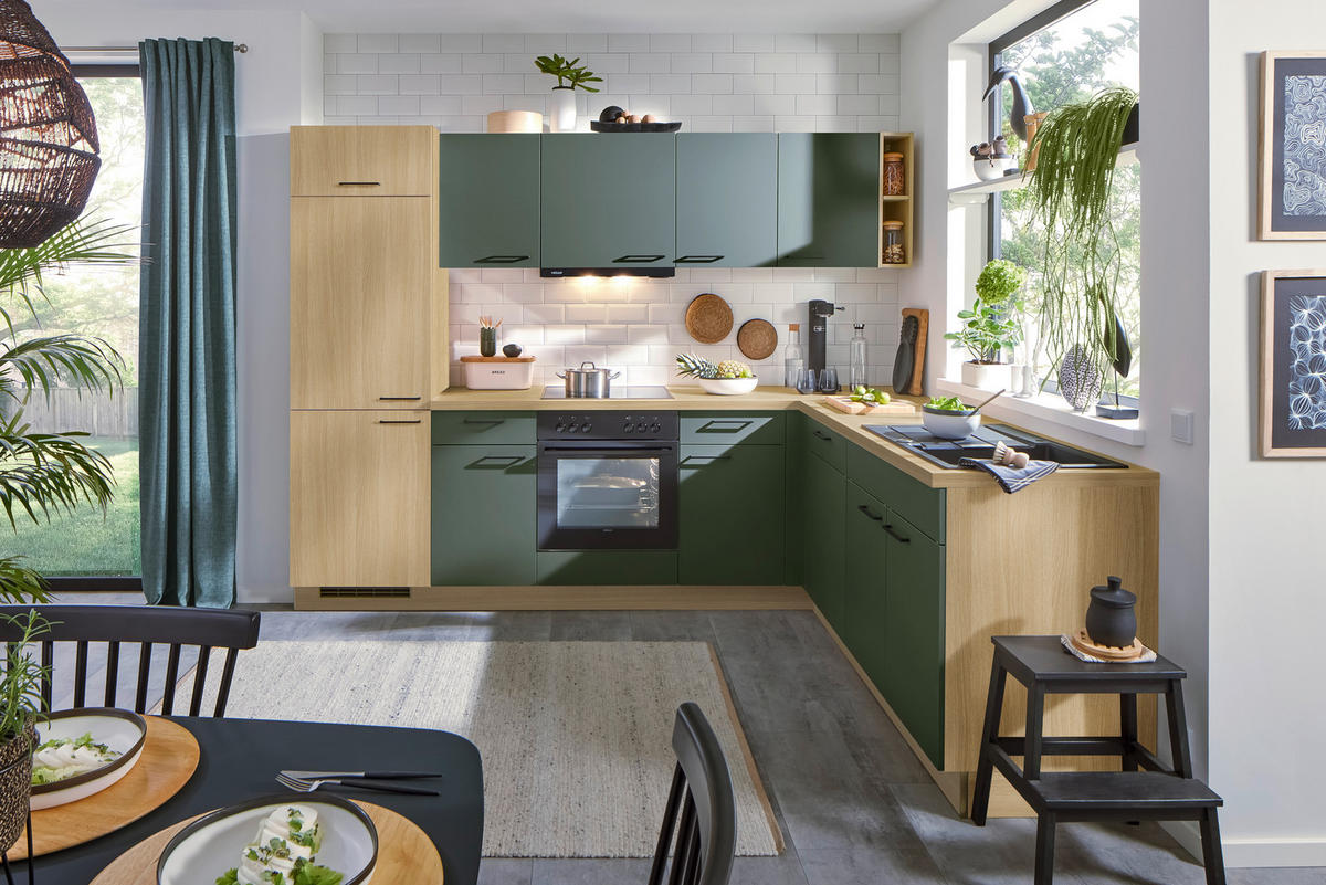 EINBAUKÜCHE C28  - Dunkelgrün/Eichefarben, MODERN, Holzwerkstoff/Metall (275/215cm) - Welnova