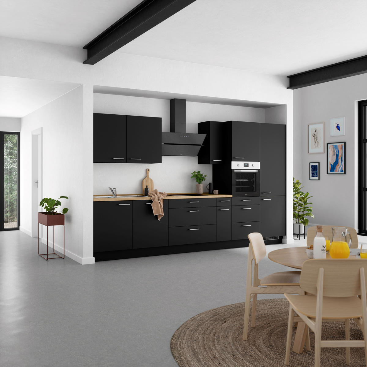 KÜCHENBLOCK 360 cm   in Schwarz, Eichefarben  - Edelstahlfarben/Eichefarben, MODERN, Holzwerkstoff/Metall (360cm) - Nobilia
