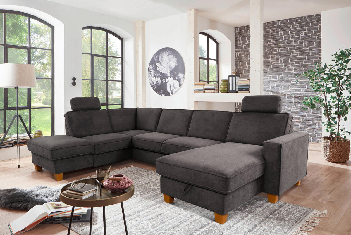 WOHNLANDSCHAFT Dunkelgrau Flachgewebe  - Eichefarben/Dunkelgrau, KONVENTIONELL, Holz/Textil (213/309/161cm) - Sit & More