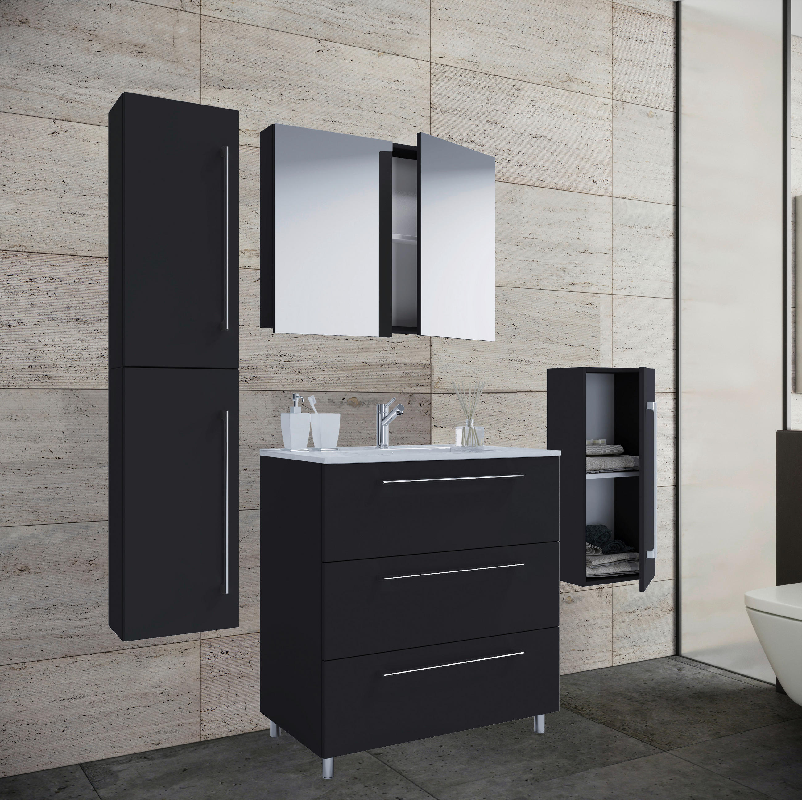 BADEZIMMER 5-teilig  in 126 cm  - Alufarben/Schwarz, MODERN, Keramik/Holzwerkstoff (126cm) - MID.YOU