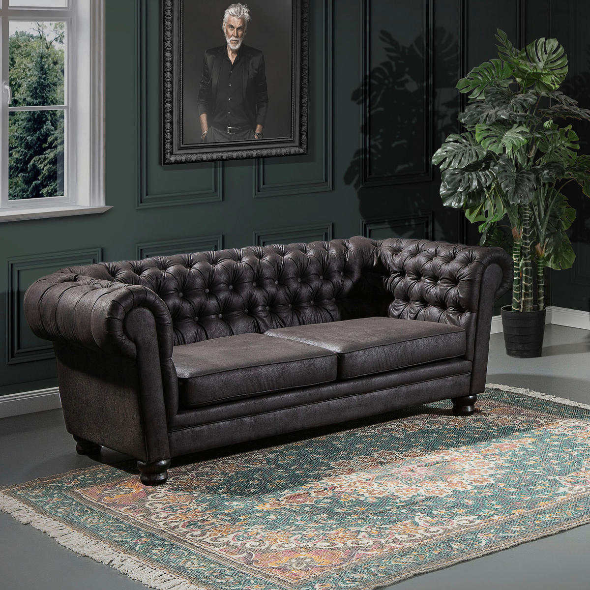 CHESTERFIELD-SOFA Mikrofaser Dunkelgrau  - Dunkelgrau/Dunkelbraun, KONVENTIONELL, Textil (203/79/93cm) - Livetastic