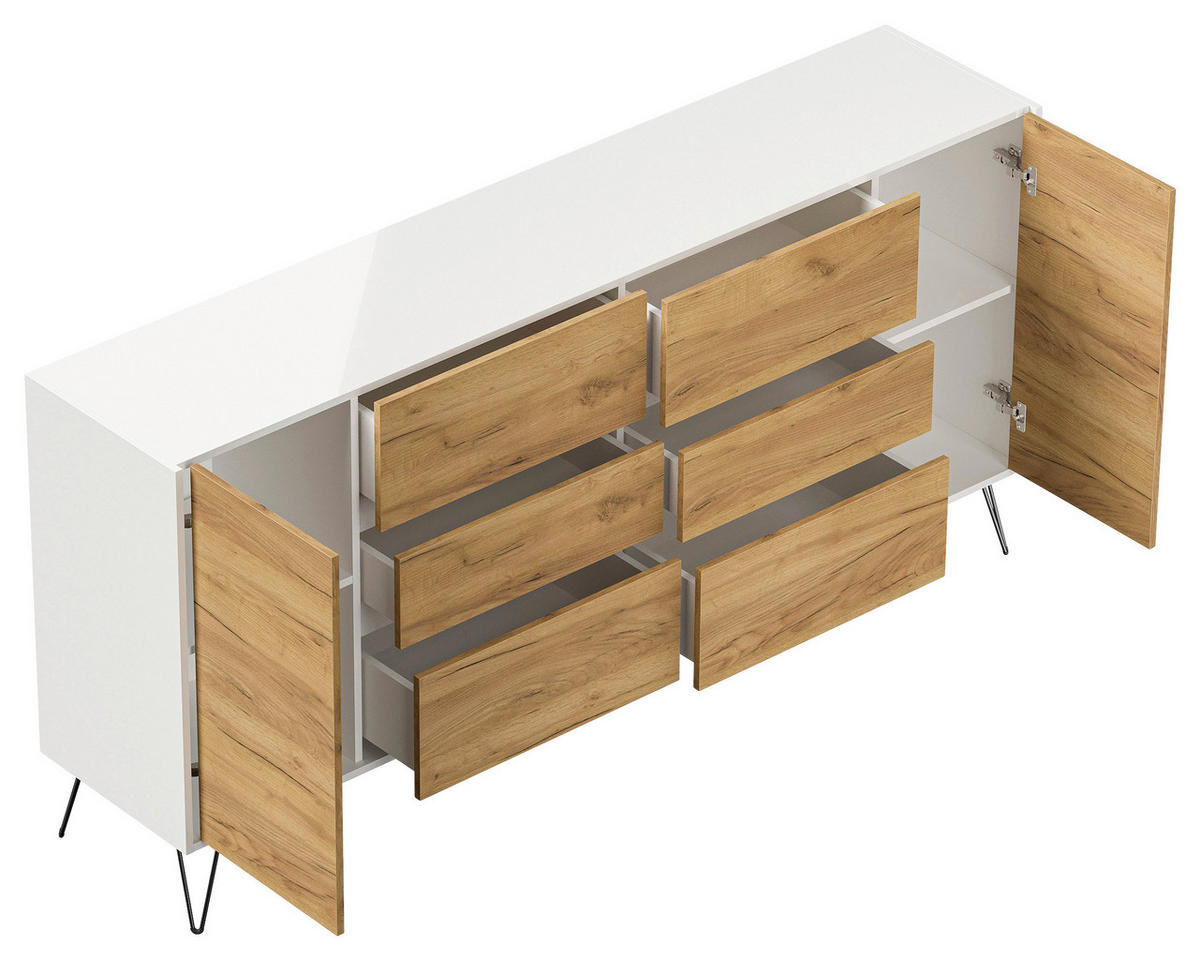 SIDEBOARD Posseik Industrial 199/93,6/42 cm 6 Schublade(n)  - Eichefarben/Weiß Hochglanz, Design, Holzwerkstoff/Metall (199/93,6/42cm) - P & B