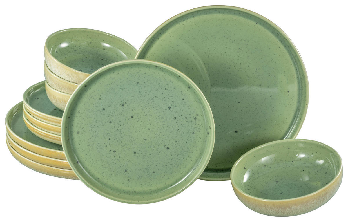 TAFELSERVICE Uno Emiliana 12-teilig  - Creme/Grün, Design, Keramik - Creatable