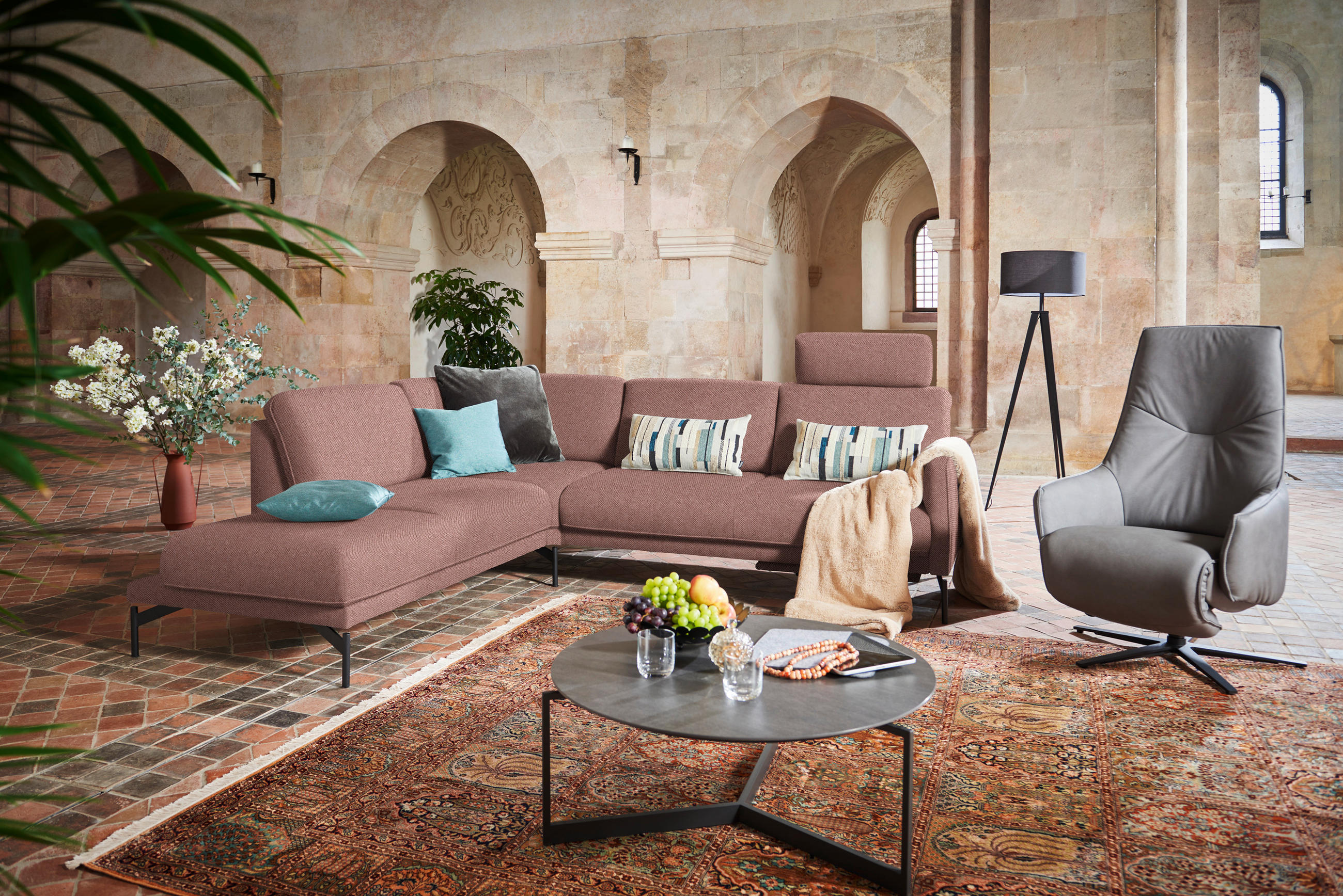 ECKSOFA in Flachgewebe Hellrot  - Hellrot/Anthrazit, Design, Textil/Metall (230/254cm) - Johann Jakob