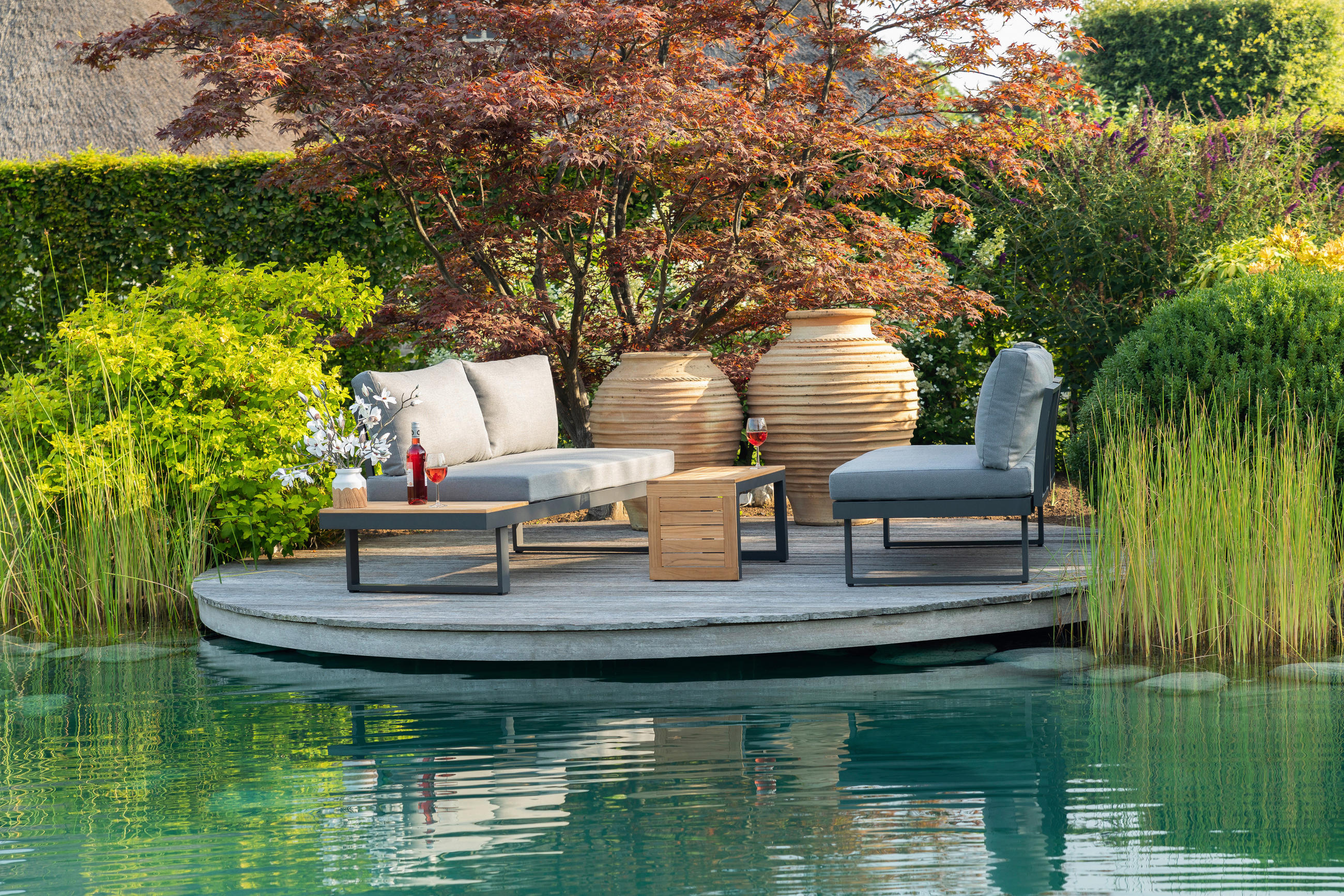 LOUNGEGARNITUR Teakholz Aluminium  - Anthrazit/Grau, Basics, Holz/Textil (253/70/175cm) - Gardenson
