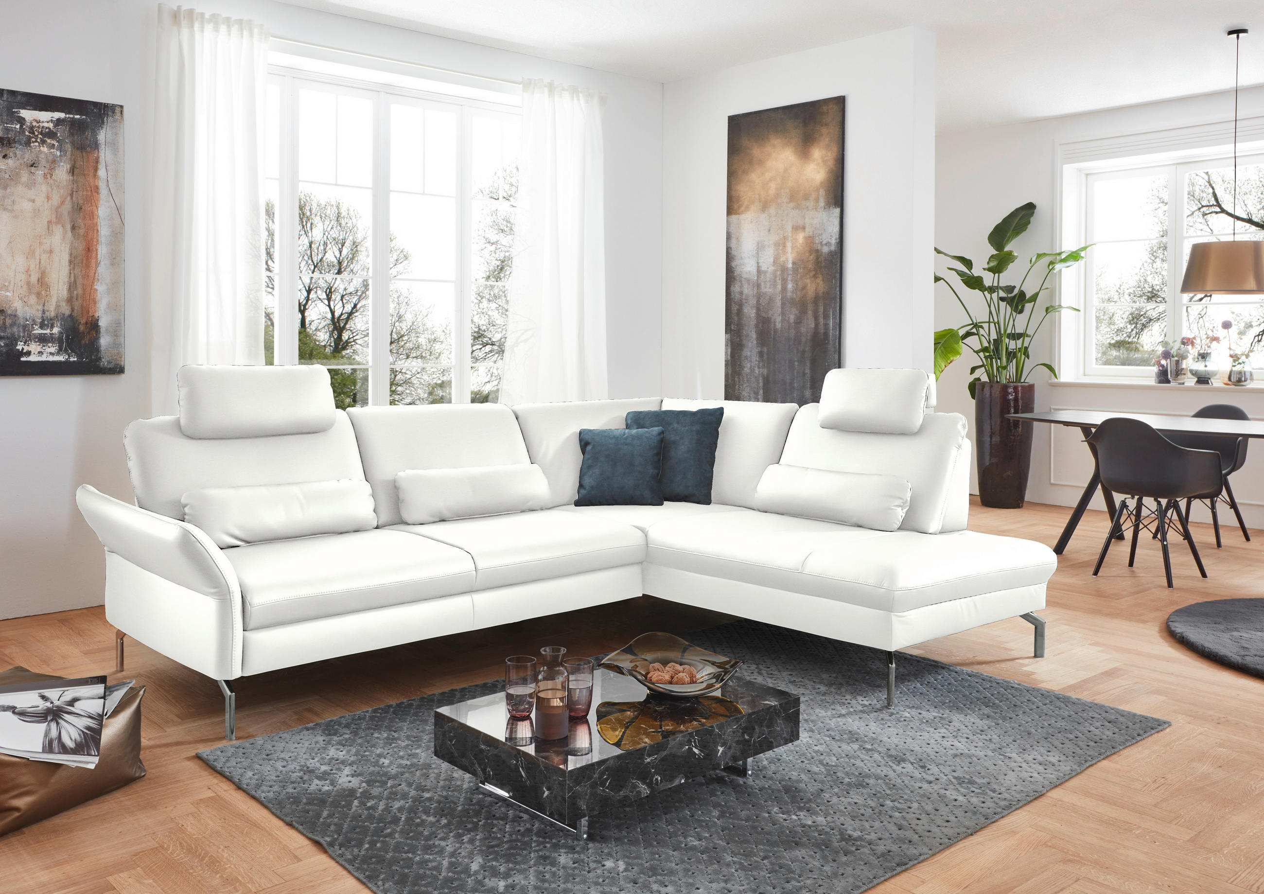 ECKSOFA in Echtleder Weiss  - Weiss/Alufarben, Konventionell, Leder/Metall (284/220cm) - Beldomo Premium