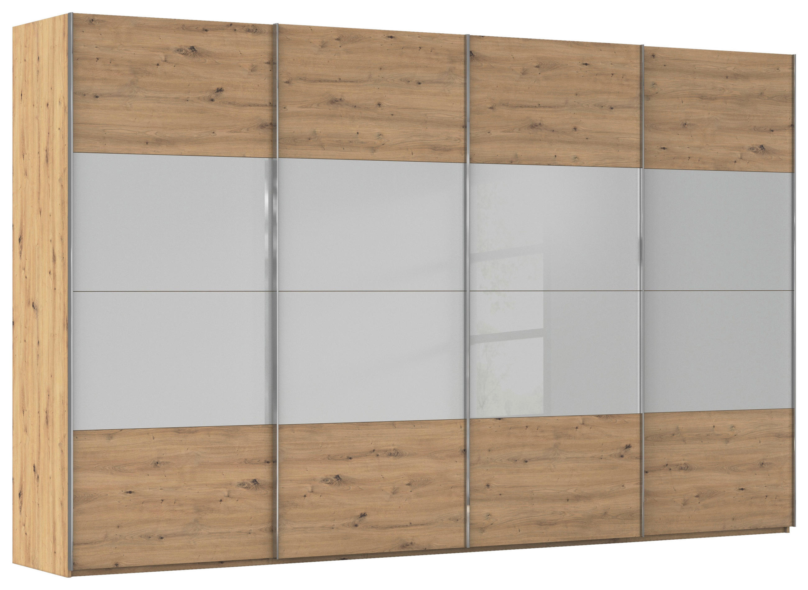 SCHWEBETÜRENSCHRANK 361/223/68 cm 4-türig Grau, Eiche Artisan  - Chromfarben/Eiche Artisan, KONVENTIONELL, Glas/Holzwerkstoff (361/223/68cm) - Novel
