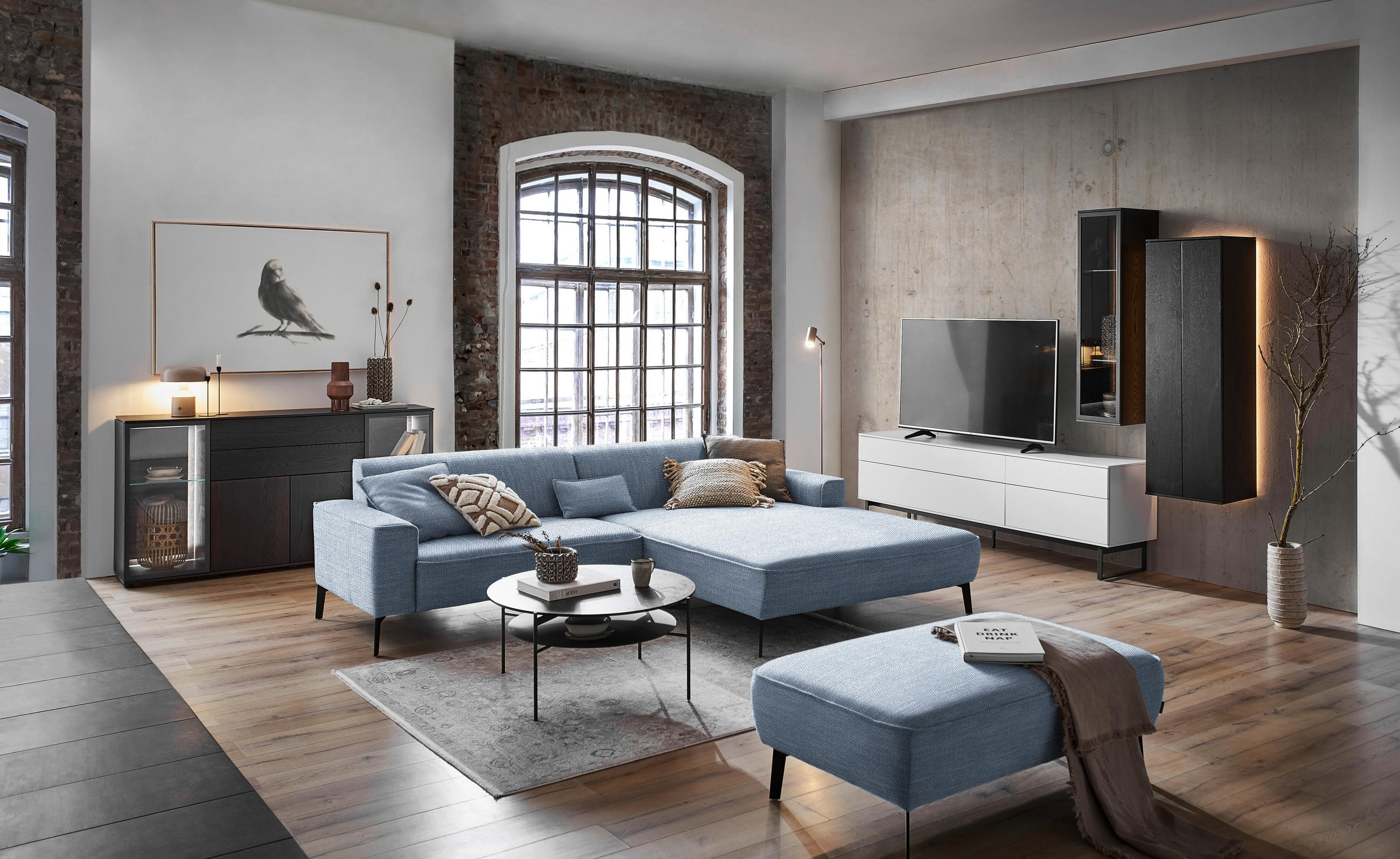 ECKSOFA in Flachgewebe Blau  - Blau/Schwarz, Design, Textil/Metall (285/190cm) - Johann Jakob
