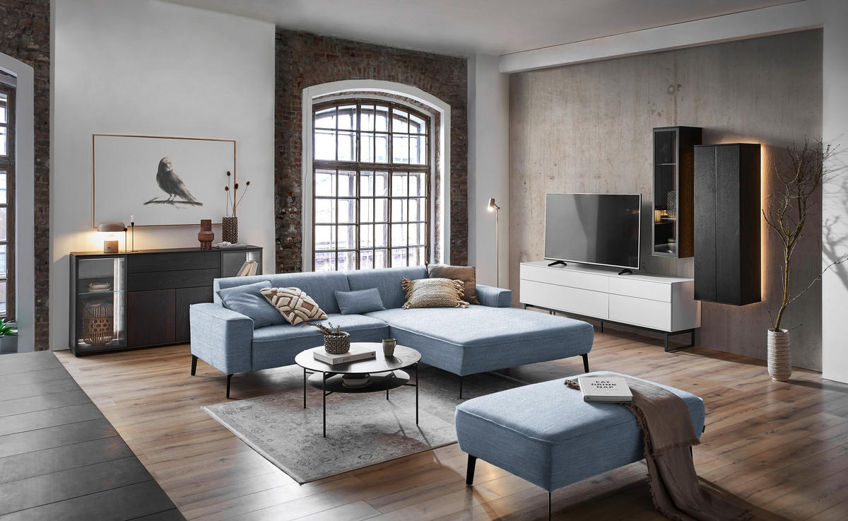 ECKSOFA in Flachgewebe Blau  - Blau/Schwarz, Design, Textil/Metall (285/190cm) - Johann Jakob