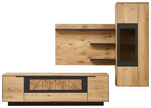 WOHNWAND  283,8/203,3/45,2 cm  in Schwarz, Eichefarben  - Eichefarben/Schwarz, Design, Glas/Holz (283,8/203,3/45,2cm) - Valdera
