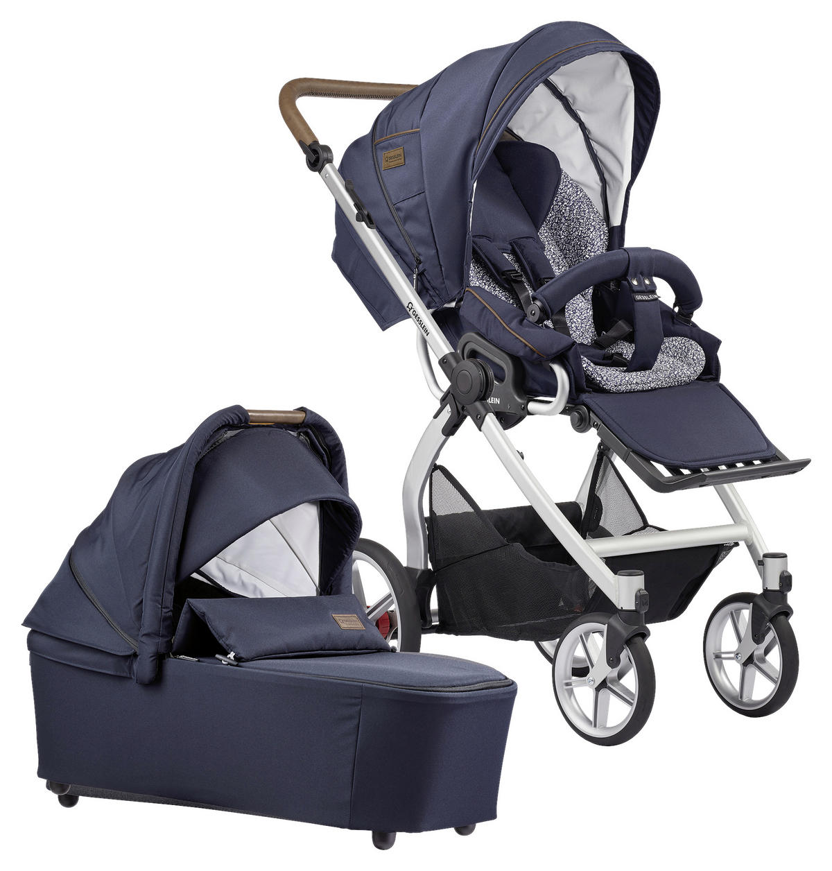 KINDERWAGENSET  FX4 Classic   - Silberfarben/Schwarz, Basics, Leder/Textil (57/129/100cm) - Gesslein