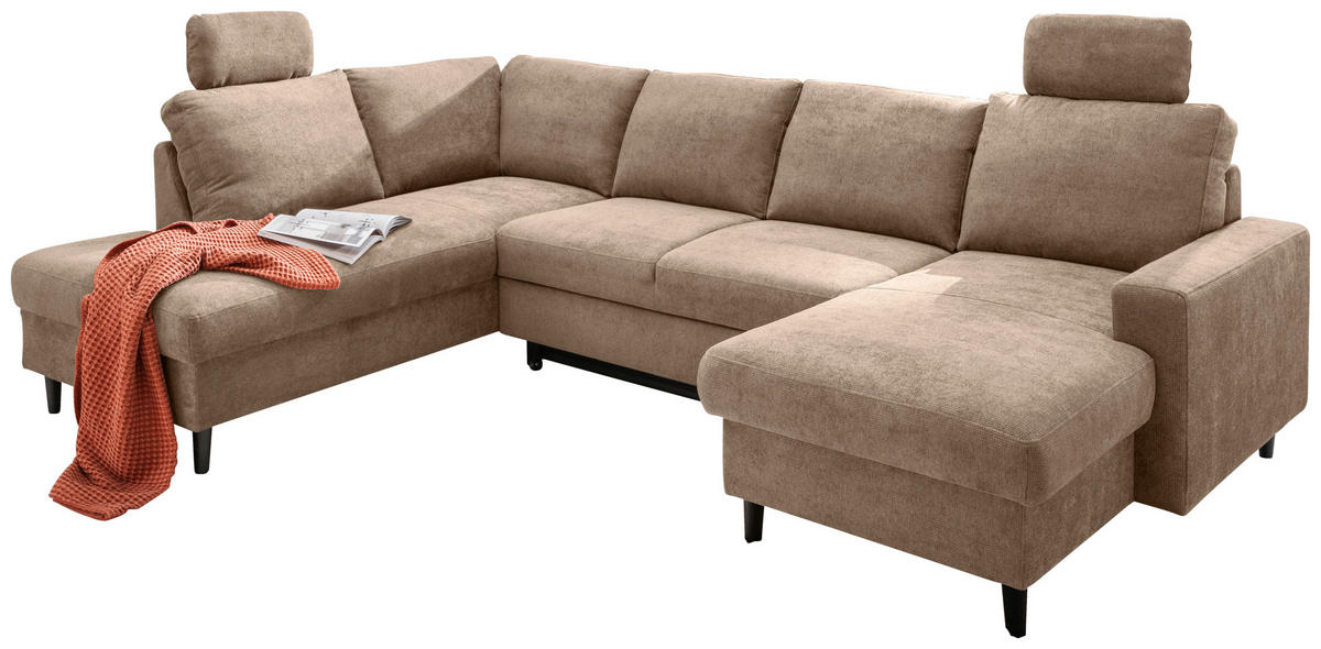 WOHNLANDSCHAFT in Chenille Hellbraun  - Hellbraun/Schwarz, Modern, Holz/Textil (200/305/153cm) - Livetastic
