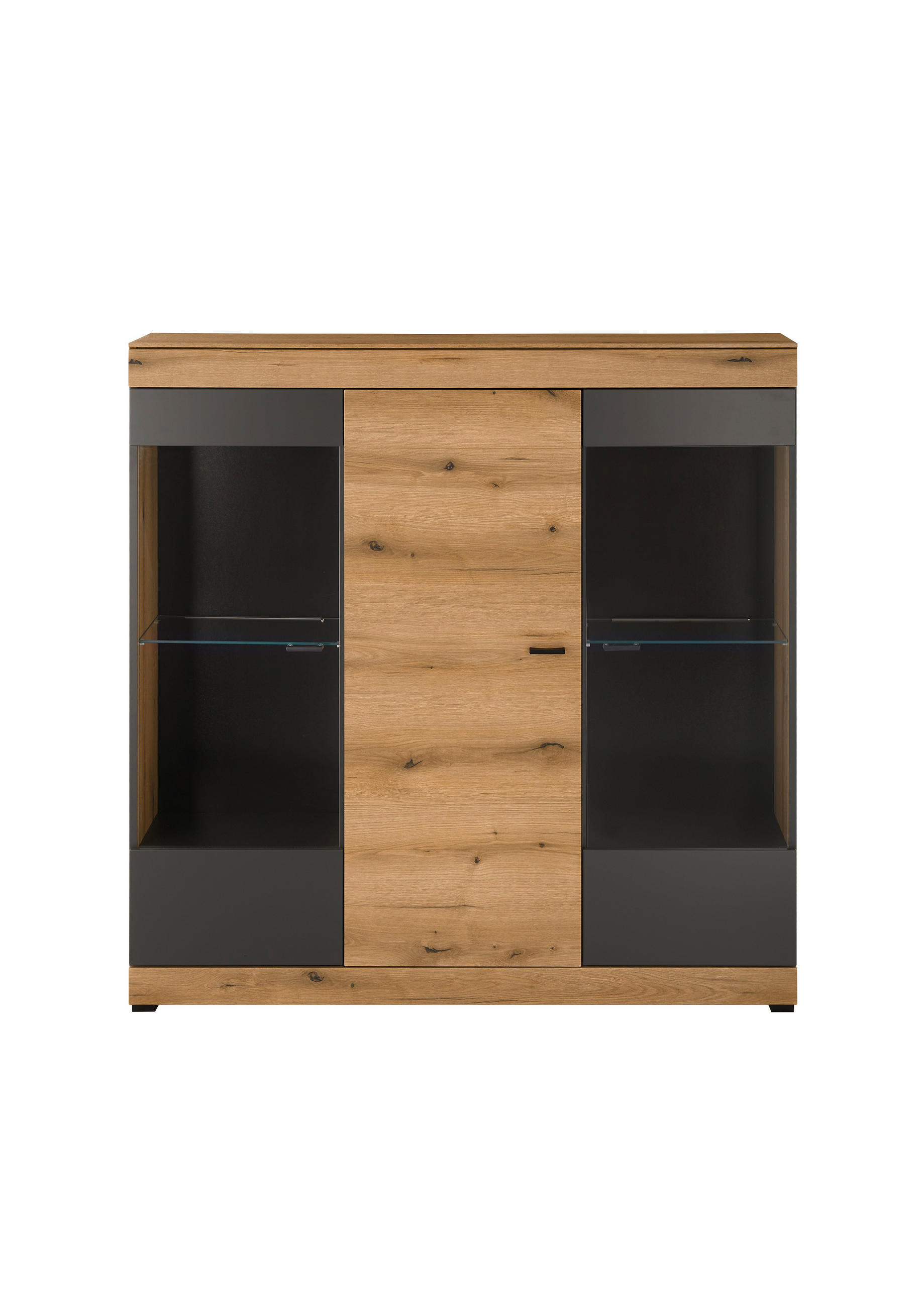 HIGHBOARD , 140/141/35 cm,  - Eichefarben/Schwarz, Design, Glas/Holzwerkstoff (140/141/35cm) - MID.YOU