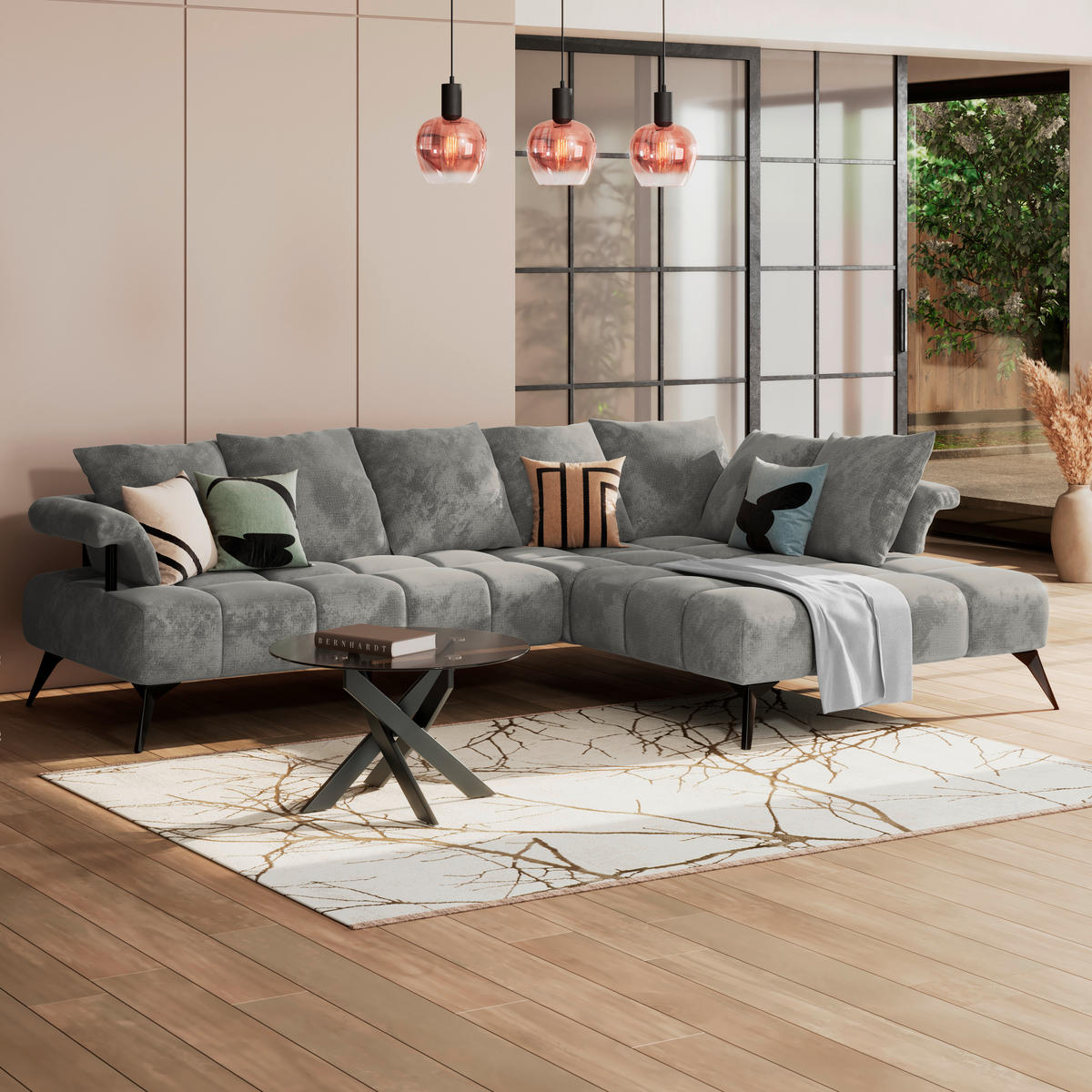 ECKSOFA VANESSA Grau Flachgewebe  - Schwarz/Grau, MODERN, Kunststoff/Textil (297/200cm) - Livetastic