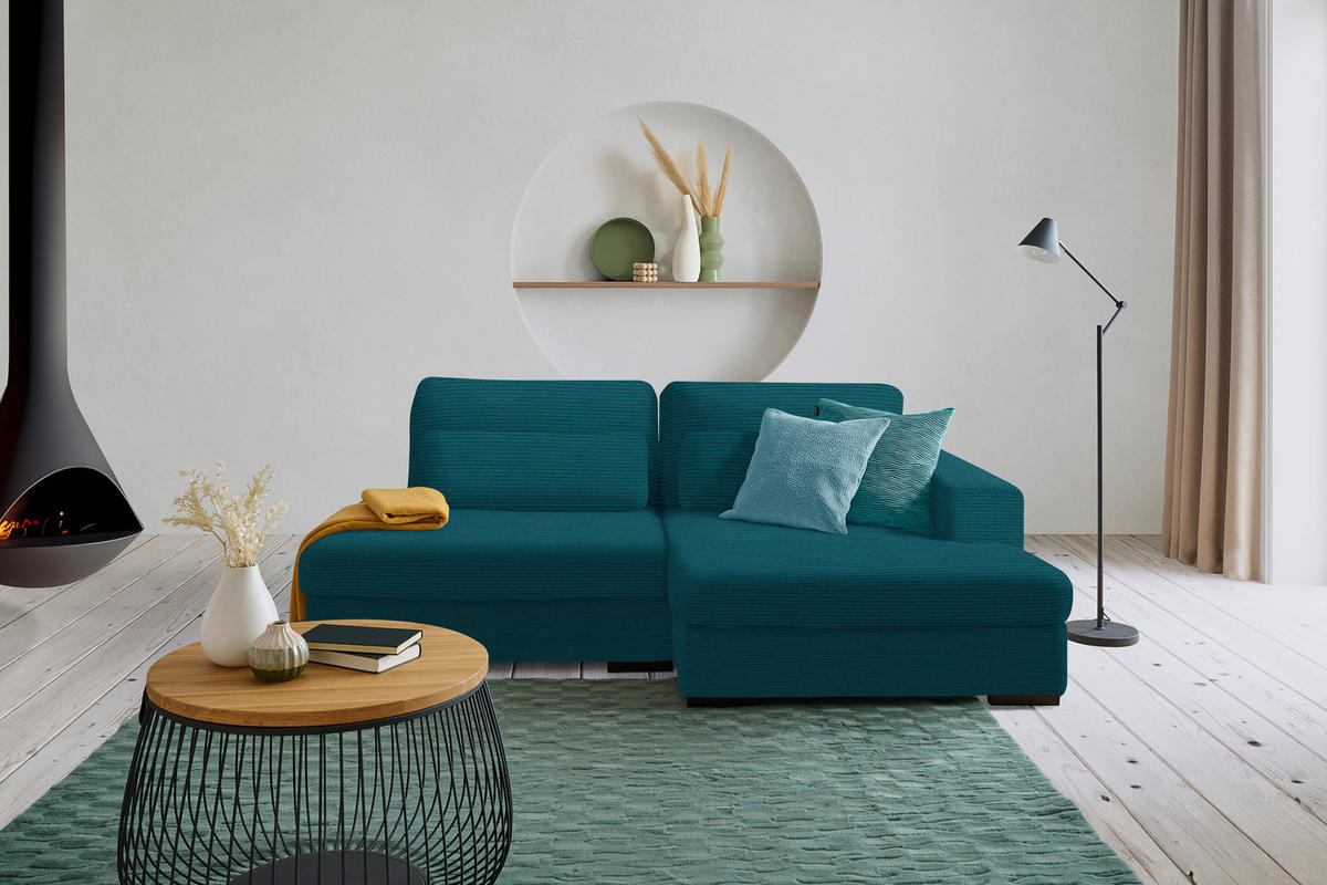 ECKSOFA in Cord, Velours Petrol  - Petrol/Schwarz, Design, Kunststoff/Textil (223/158cm) - Lomoco