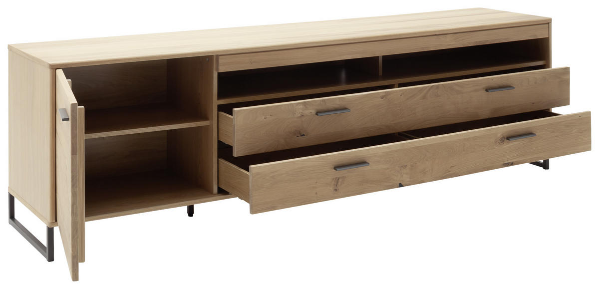 MEDIABÄNK i faner, massiv kvistek ekfärgad  - svart/ekfärgad, Design, metall/trämaterial (224/67/50cm) - Livetastic