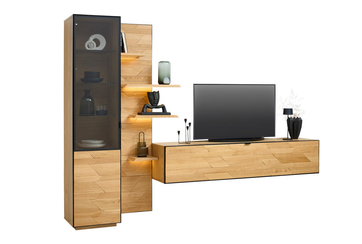 WOHNWAND  in Schwarz, Eichefarben 250/200/42 cm  - Wildeiche/Eichefarben, Natur, Glas/Holz (250/200/42cm) - Linea Natura
