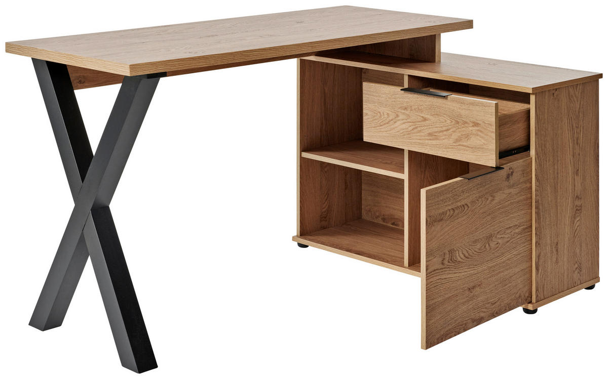 ECKSCHREIBTISCH 140/95/76 cm  in Eichefarben  - Eichefarben/Schwarz, Modern, Holzwerkstoff/Metall (140/95/76cm) - Livetastic