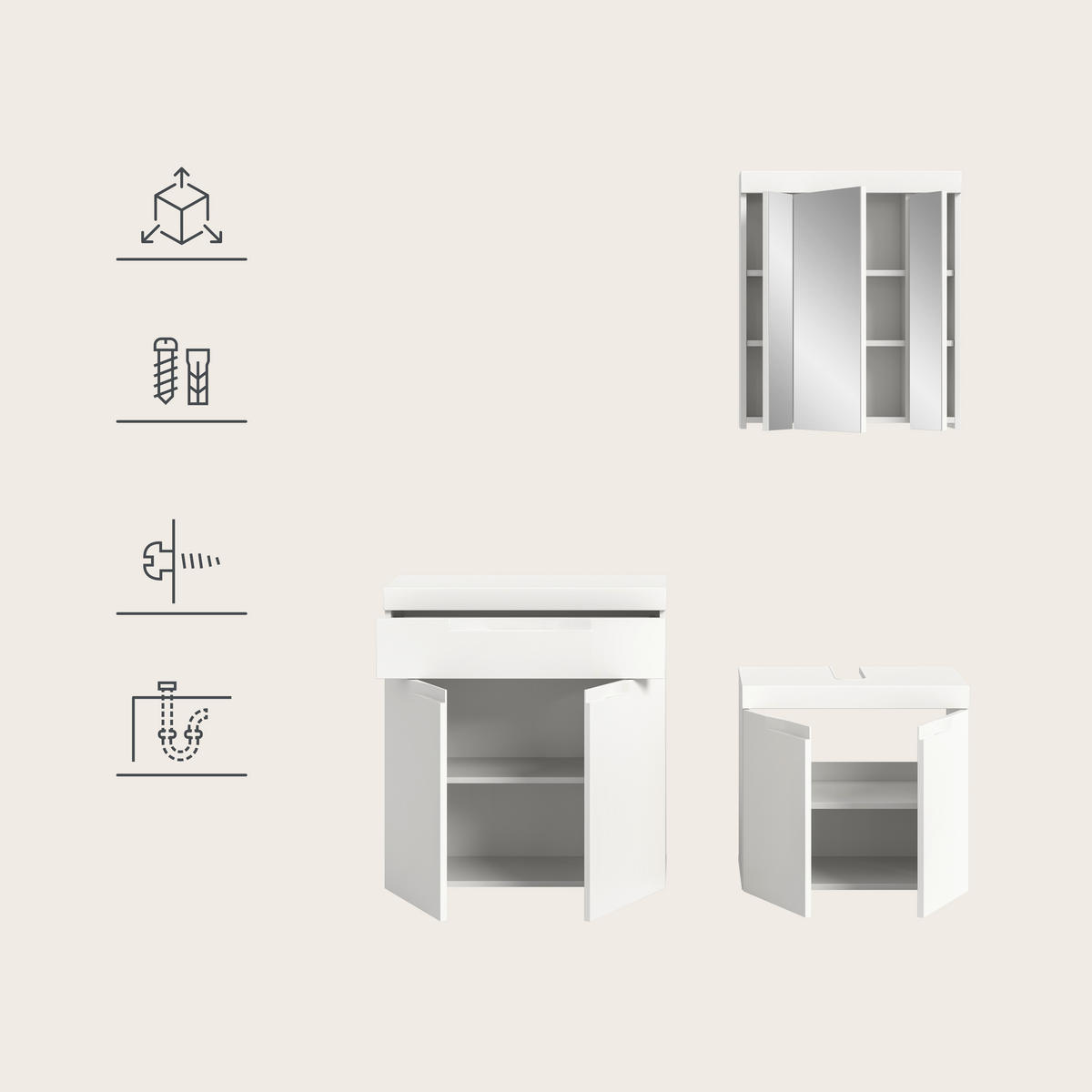 BADRUM 150 cm  - vit/svart, Trend, trämaterial/glas (150cm) - MID.YOU