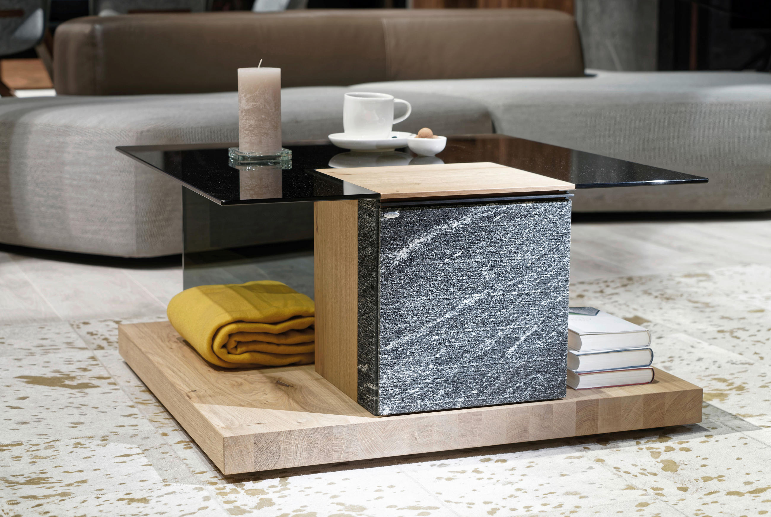 COUCHTISCH Wildeiche mehrschichtige Massivholzplatte (Tischlerplatte) ESG 80,6/80,6/42,3 cm quadratisch Graphitfarben, Naturfarben  - Dunkelgrau/Graphitfarben, Design, Glas/Holz (80,6/80,6/42,3cm) - Voglauer