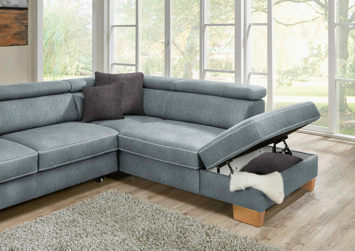 ECKSOFA in Mikrofaser Blaugrau  - Eichefarben/Beige, Natur, Holz/Textil (226/273cm) - Beldomo System