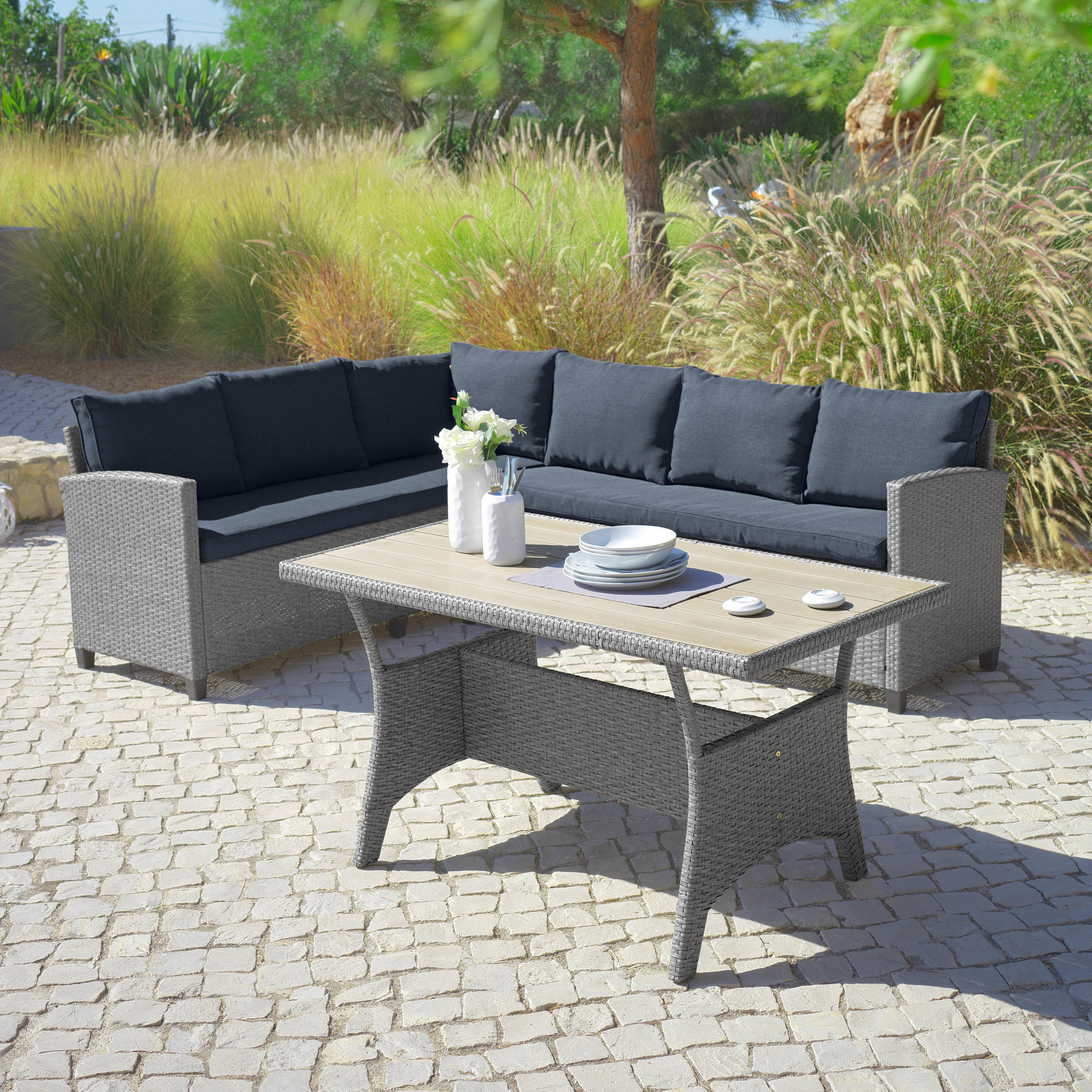 LOUNGEGARNITUR 220/175 cm Stahl  - Grau, MODERN, Kunststoff/Textil (220/175cm) - Ambia Garden