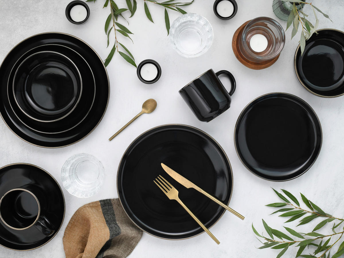 KOMBISERVICE Schwarz, Goldfarben Nordic Festive Schwarz 16-teilig 4 Personen  - Goldfarben/Schwarz, Basics, Keramik - Creatable