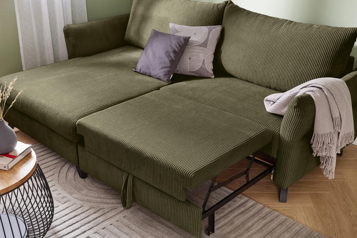 ECKSOFA in Cord Olivgrün  - Schwarz/Olivgrün, Romantik / Landhaus, Holz/Textil (245/159cm) - Stylife