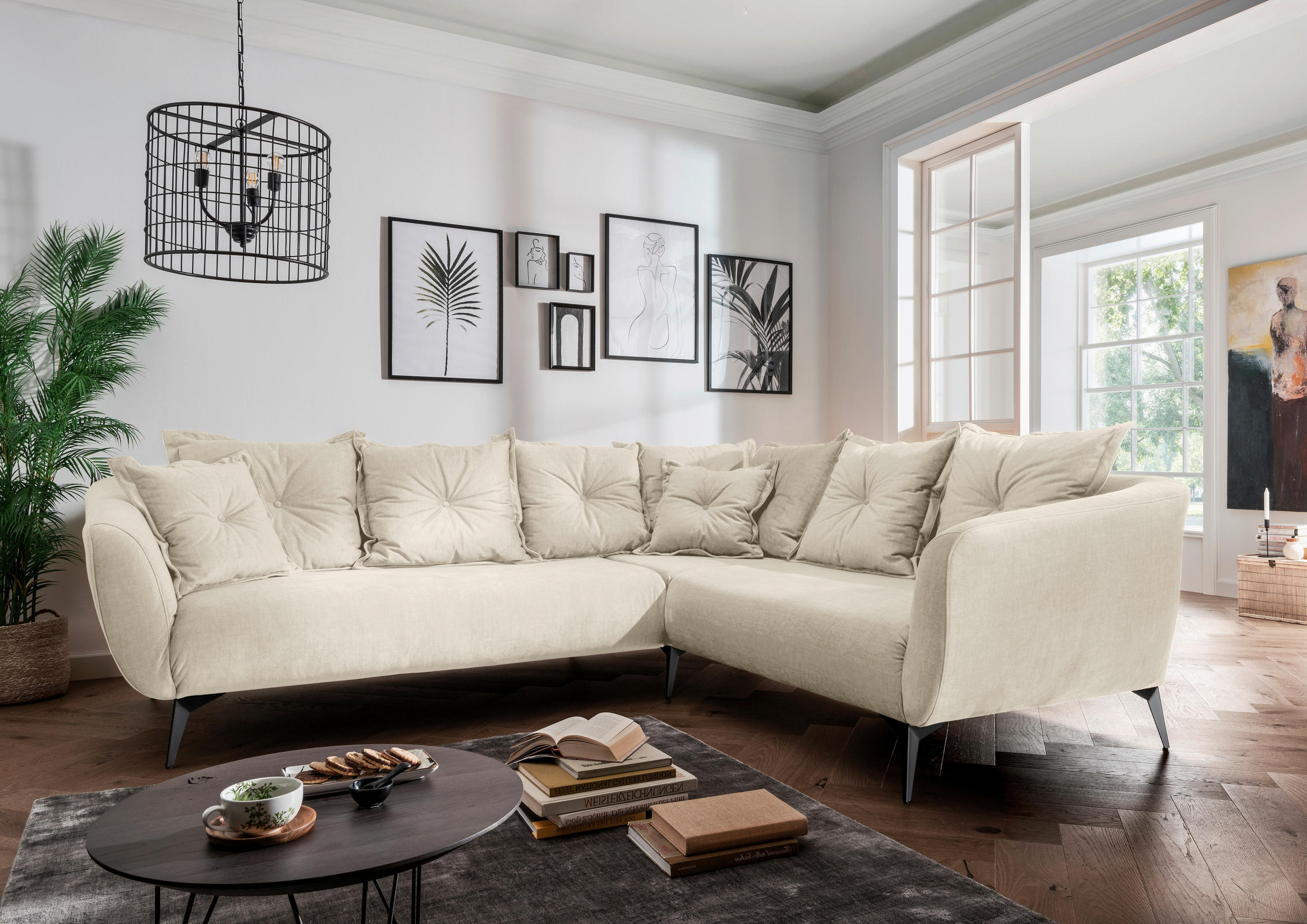 ECKSOFA Beige Velours  - Beige/Schwarz, MODERN, Textil/Metall (276/247cm) - Livetastic