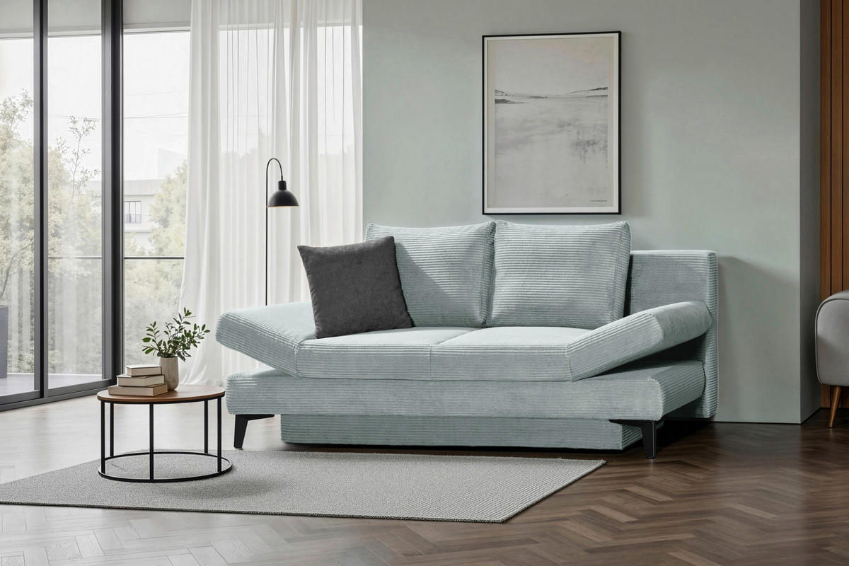 SCHLAFSOFA Cord Hellblau  inkl. Bettkasten, Schlaffunktion, Armteilverstellung  - Schwarz/Hellblau, Design, Textil/Metall (200/85/90cm) - Novel