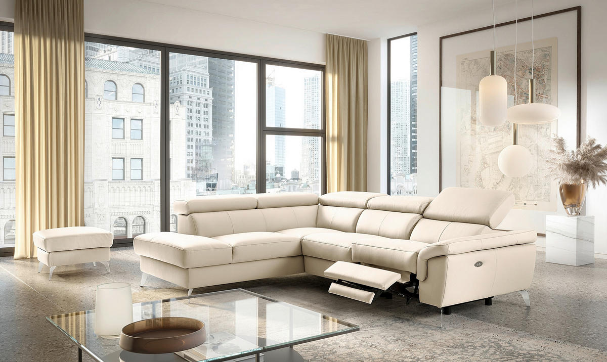 ECKSOFA SONO Grau Echtleder Lederlook Bettkasten, Armteilverstellung, Kopfteilverstellung  - Chromfarben/Grau, Design, Leder/Textil (210/265cm) - Livetastic