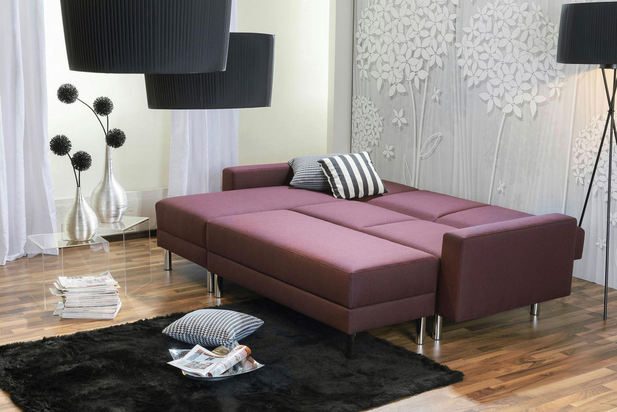 ECKSCHLAFSOFA inkl. Hocker in Dunkelrot Textil   - Chromfarben/Dunkelrot, Konventionell, Textil/Metall (152/230cm) - Max Winzer