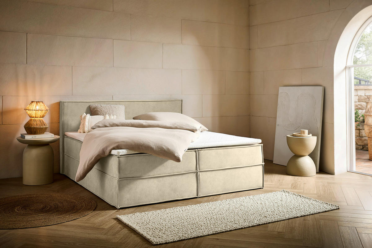 BOXBETT 180/200 cm,  in Beige, Bettkasten, Topper, H3 + H3 = fest  - Beige/Schwarz, Design, Kunststoff/Textil (180/200cm) - Chameo