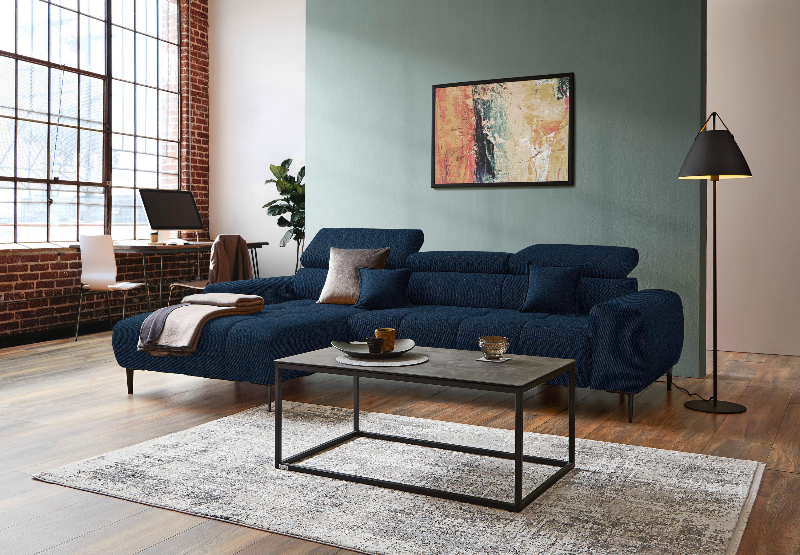 ECKSOFA Dunkelblau Webstoff  - Schwarz/Dunkelblau, Design, Textil/Metall (177/270cm) - Welnova
